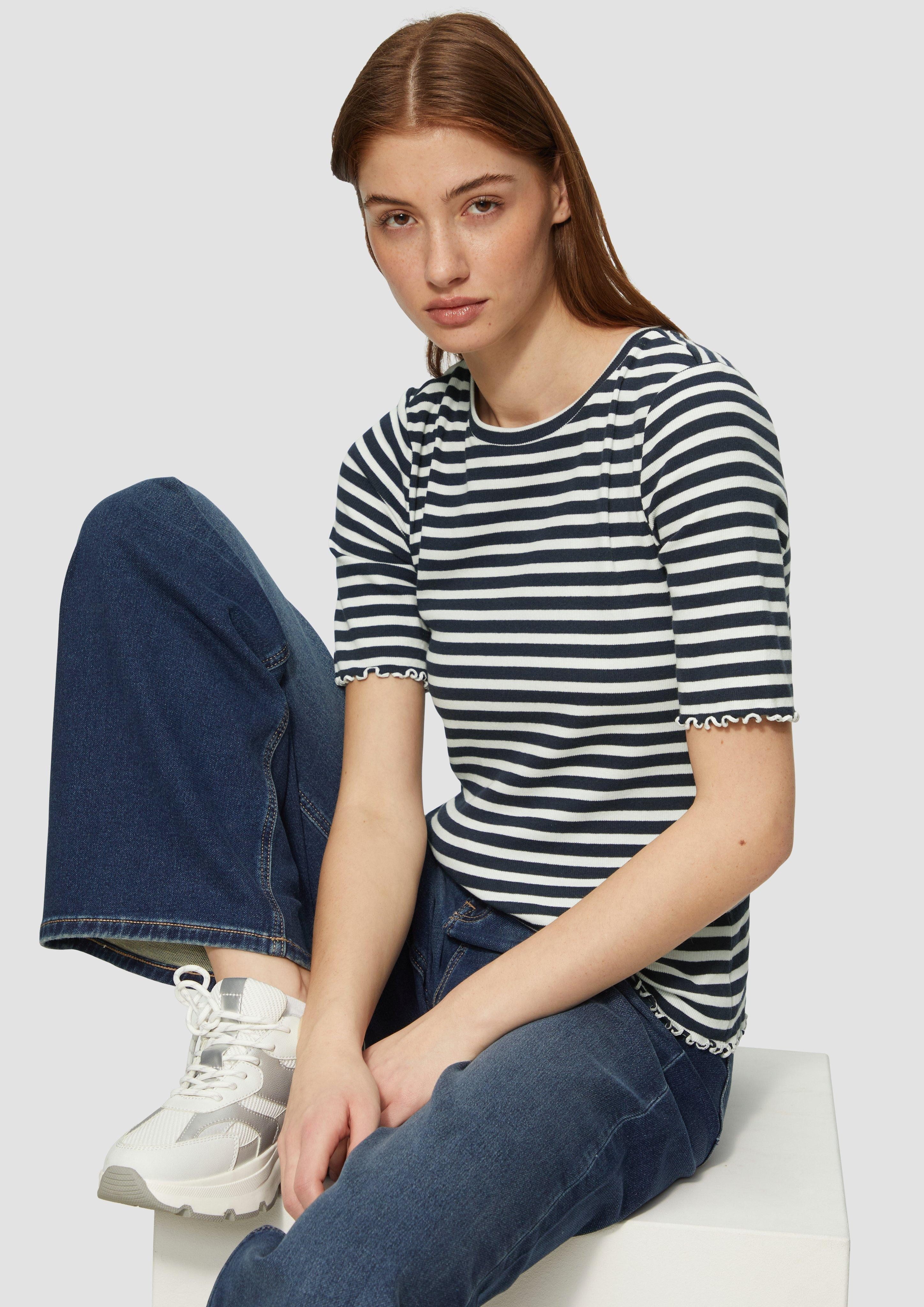 s.Oliver Kurzarmshirt Geripptes T-Shirt mit Ziersaum günstig online kaufen