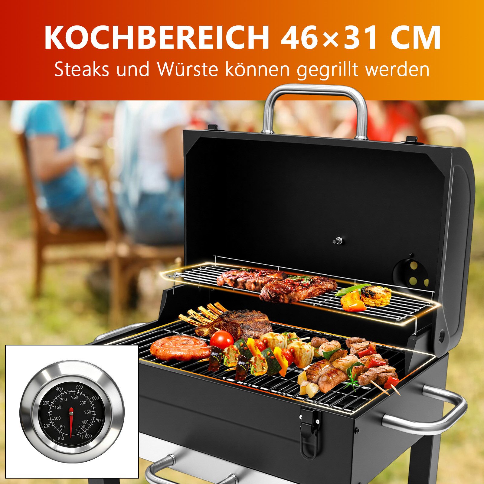SunJas Holzkohlegrill Faltbarer Holzkohlegrill mit Doppelgrillrost,Deckel und thermometer, Grillfläche: 48 × 32 cm, Grill Holzkohle Tischgrill Campinggrill, für Outdoor-Picknick-Camping