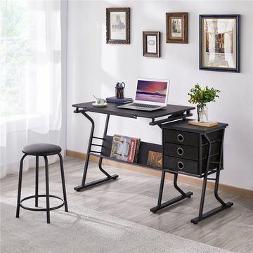Yaheetech Zeichentisch, Schreibtisch mit Kippbarer Tischplatte & 3 Schubladen