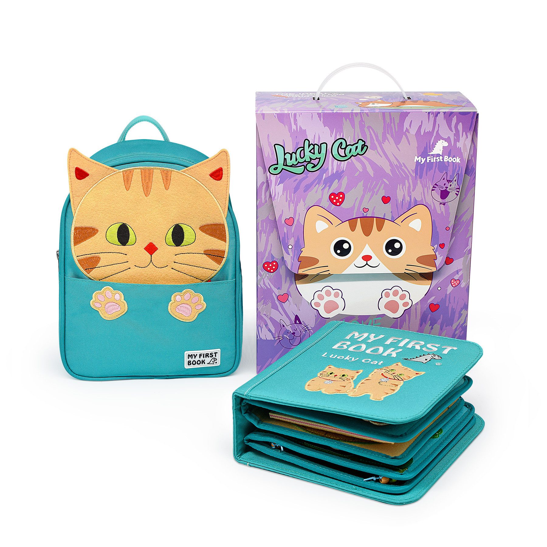 My First Book Lernspielzeug Montessori Quiet Book, Lucky Cat, Sensorik, Set inkl. Rucksack, Busy Book, Beschäftigung ab 1 Jahr, Reisespielzeug, Geschenk