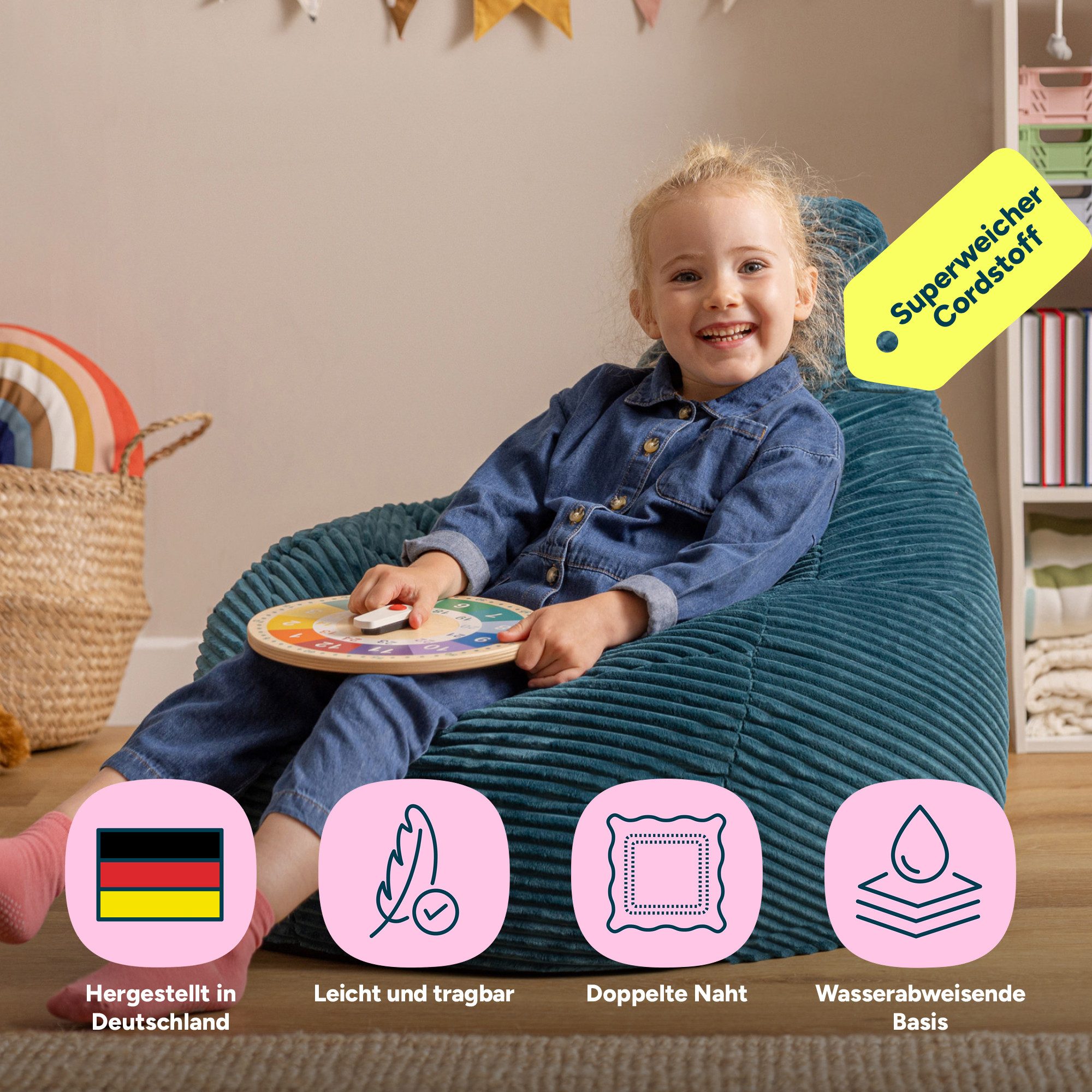 icon Sitzsack Kinder Sessel aus Cord Flauschig „Dalton", 69x59x65cm, Made in Germany, für Kinderzimmer, mit Füllung