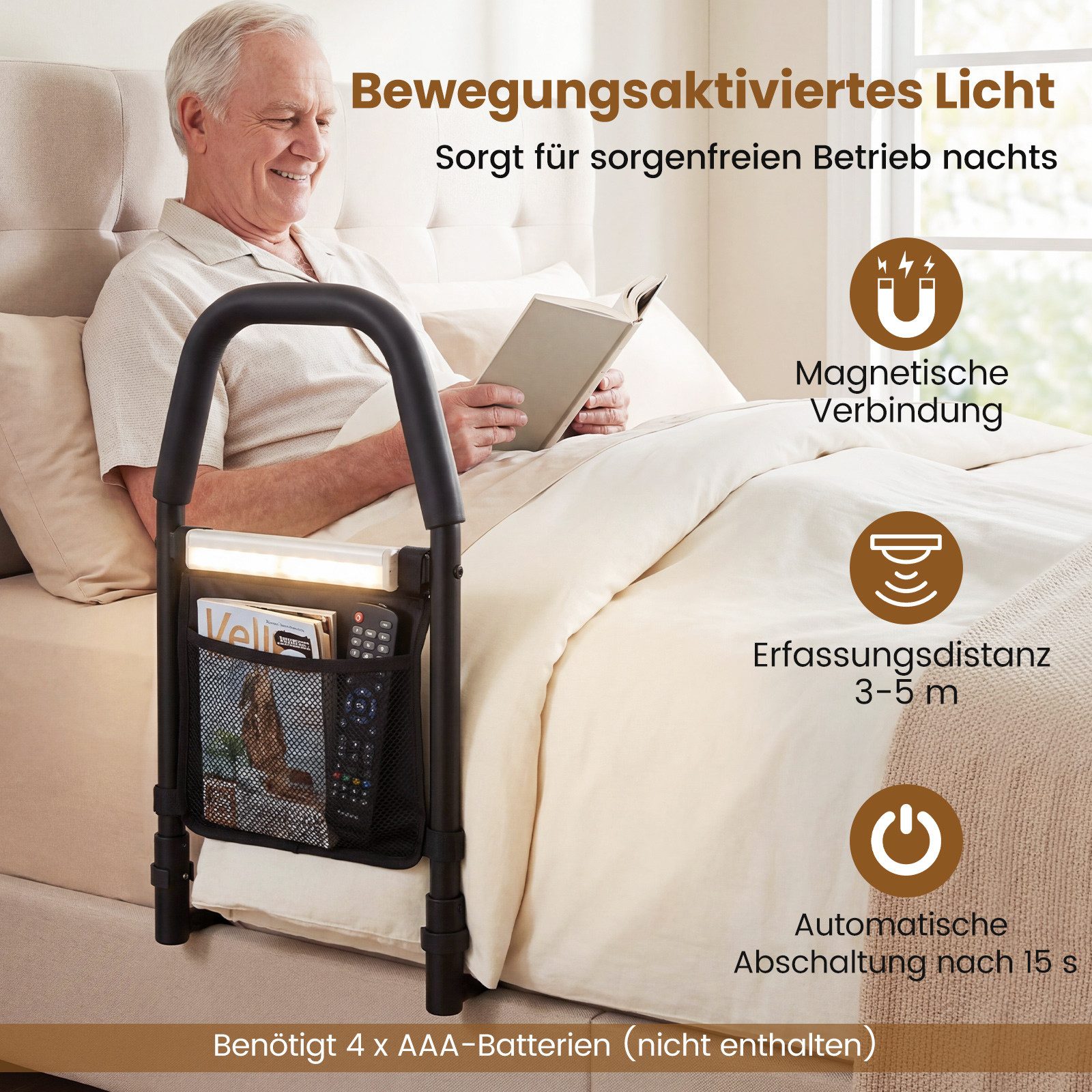 COSTWAY Bett - Aufstehhilfe, belastbar bis 136 kg, Bettgitter mit LED-Sensorlicht, Befestigungsgurt