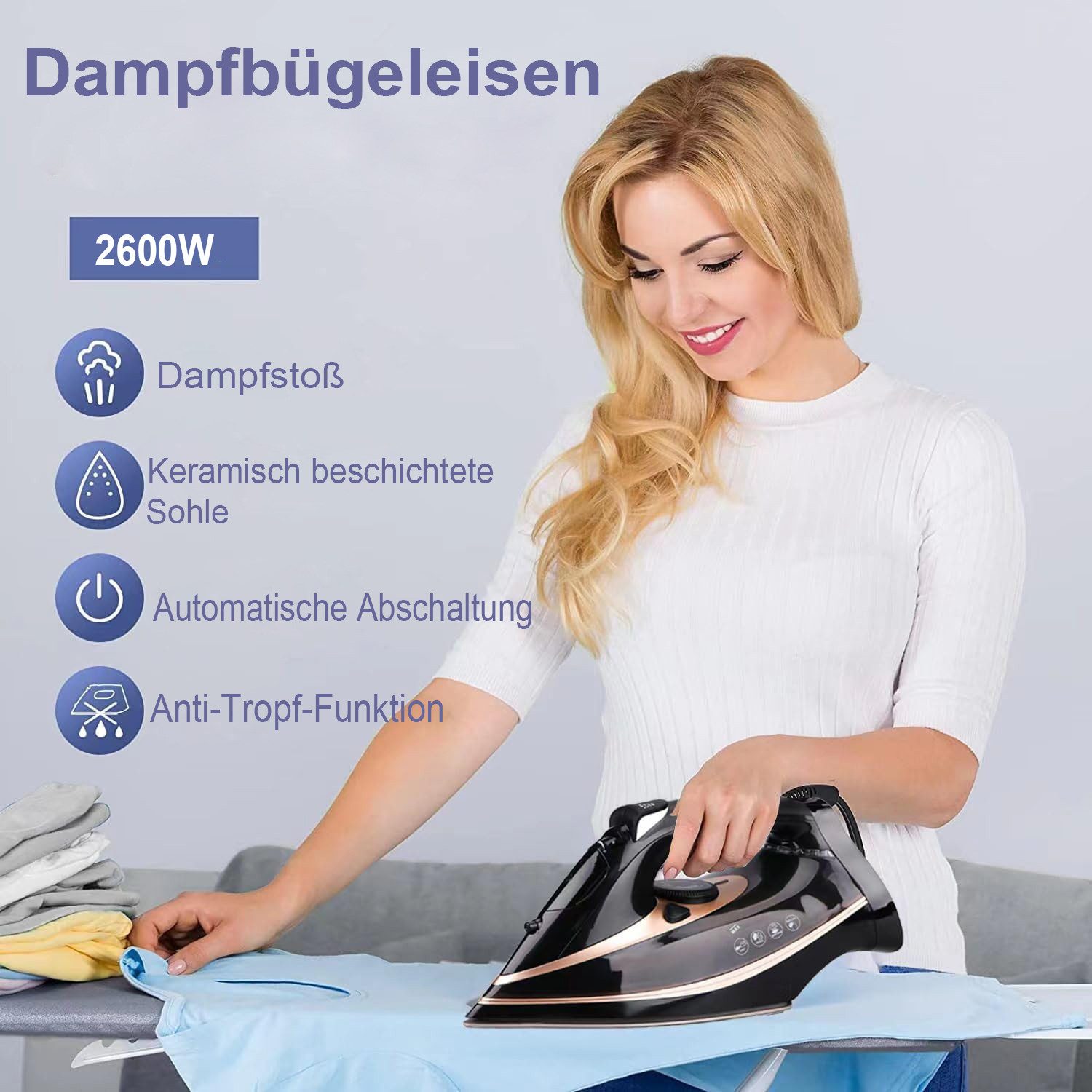 ibettertec Dampfbügeleisen Dampfbügeleisen, 2600W Bügeleisen mit Keramik-Bügelsohle, 70 g/min Dampf,120g Extra-Dampfstoß,300ml Wassertank,Selbstreinigungs