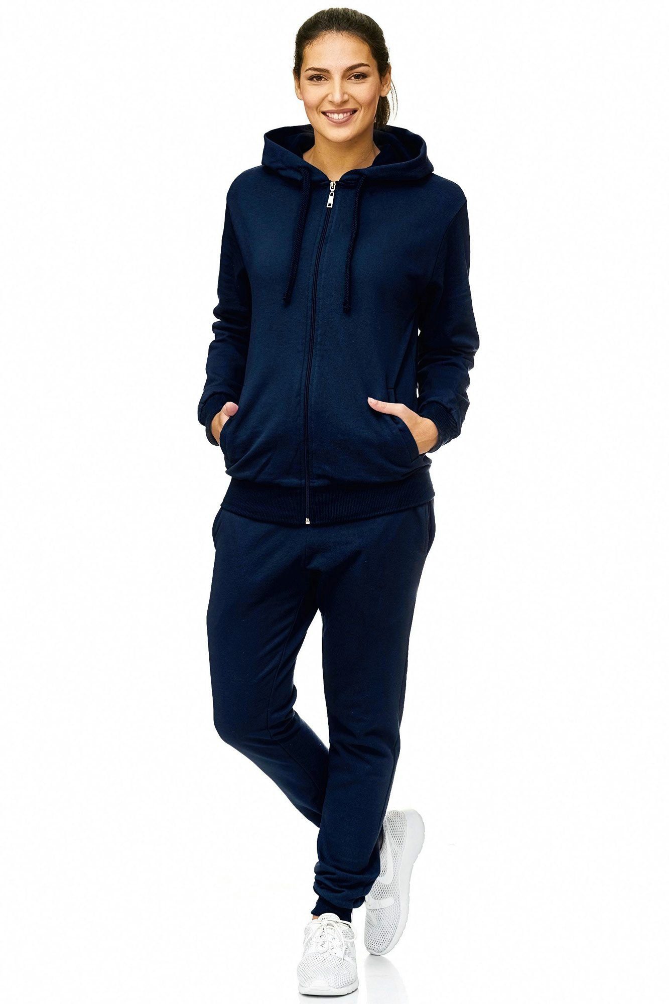 L.gonline Freizeitanzug Damen Jogginganzug einfarbig 100% Baumwolle 586 Navy 3XL (Kapuzenjacke mit Reißverschluss, Hose, 2-tlg), Fitness Freizeit Casual