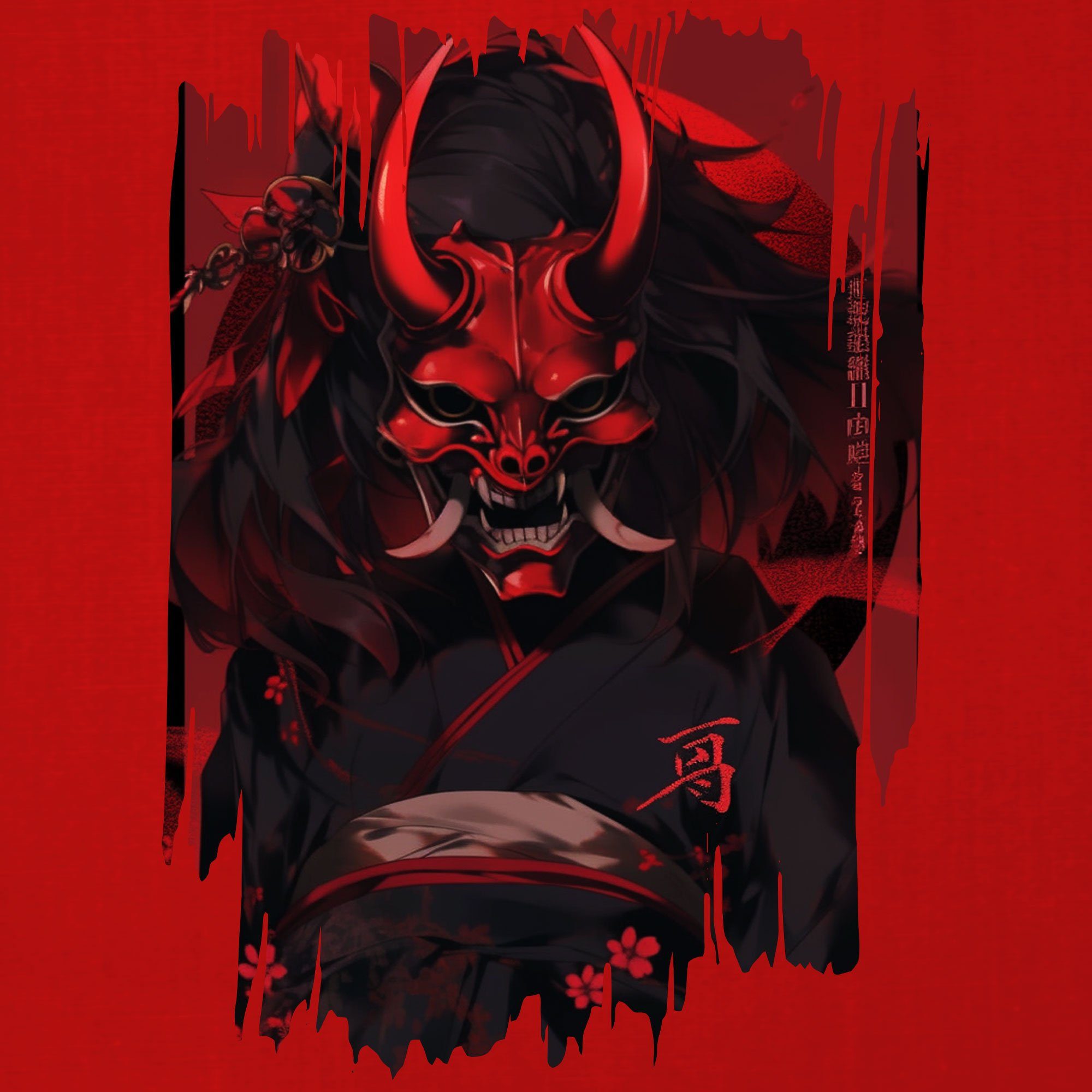 Japan Herren Streetwear Ästhetik Formatee Oni Quattro Mask Japanische Rot - Kurzarmshirt (1-tlg) Anime Dämon