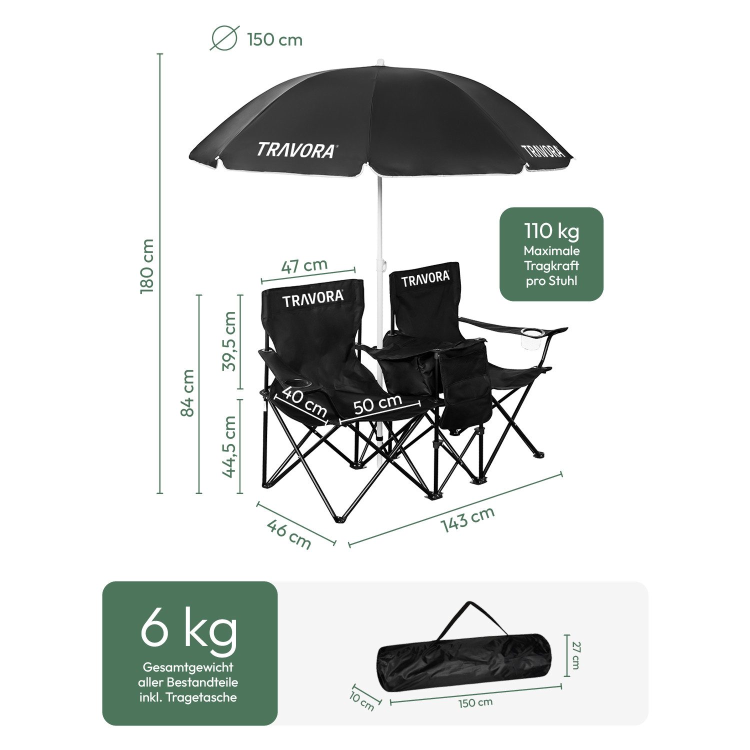 MOVAN Campingstuhl 2er Partner Anglerstuhl Campingstuhl mit Sonnenschirm und Kühlfach