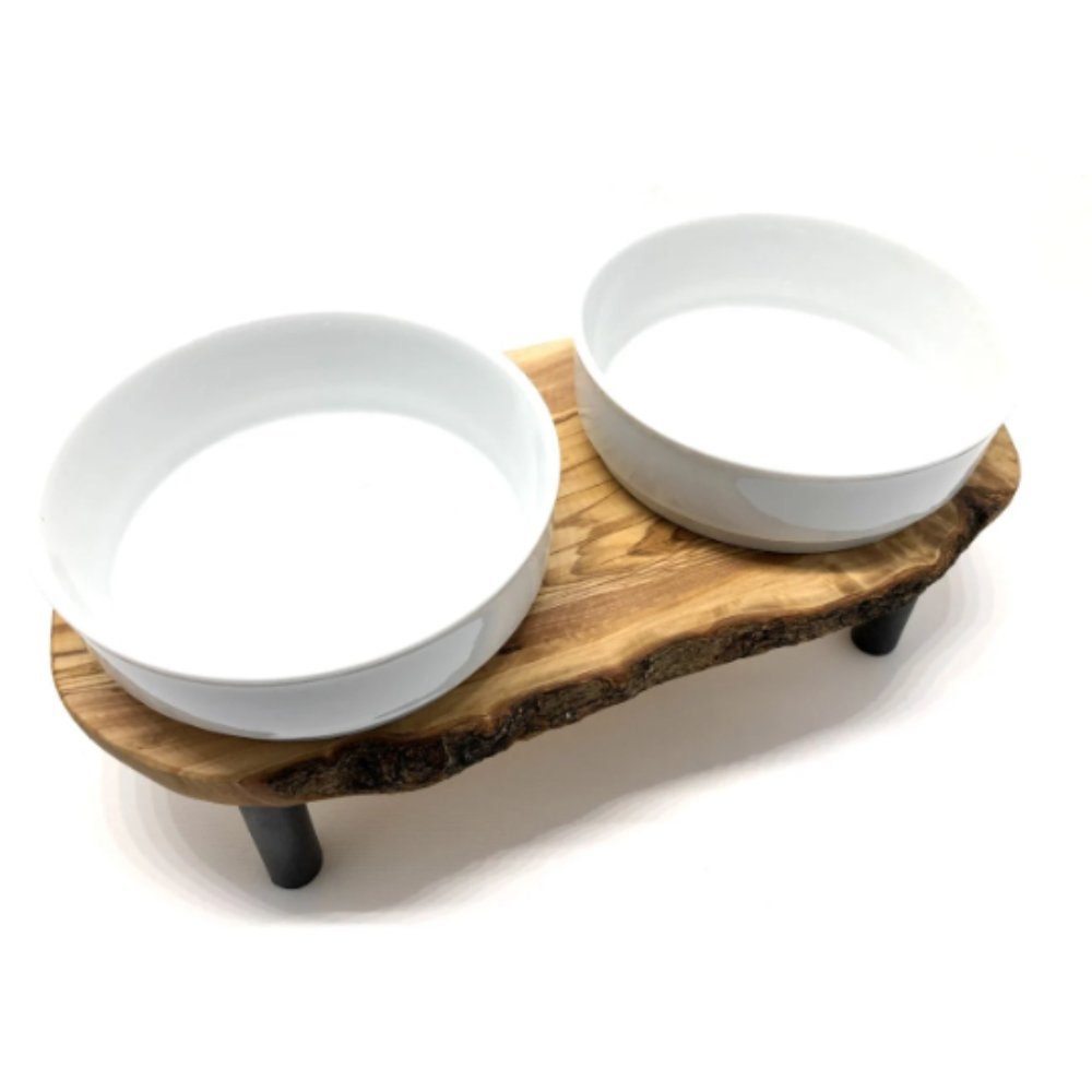 Olivenholz-erleben Futterstation erhöht, 2-in-1 Futter- & Trinkstation RUSTY PLUS, 2x 0,9 l Schalen, Porzellan, Gesunde Haltung beim Fressen & Trinken durch erhöhte Schalen