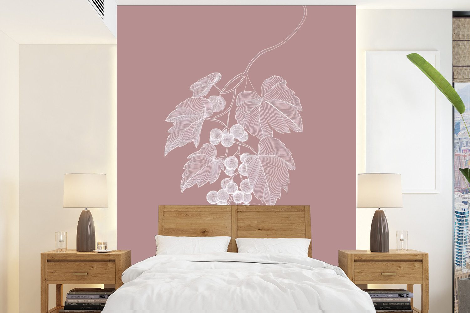 MuchoWow Fototapete Gebinde - Weintrauben - Illustration - Blätter, Matt, bedruckt, Wallpaper für Wohnzimmer, Schlafzimmer, Vinyl Tapete, 165x220 cm