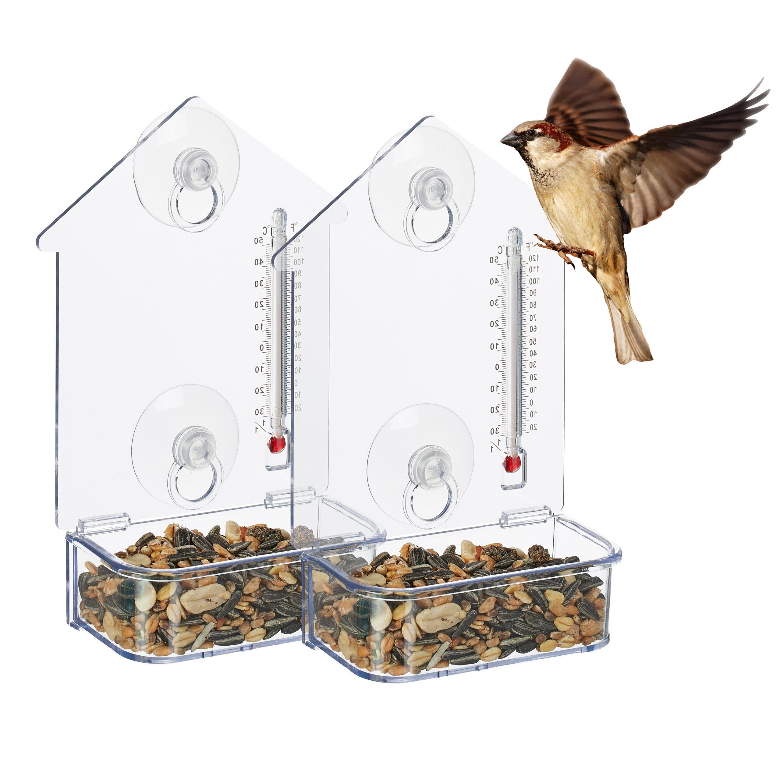 relaxdays Fenster-Vogelfutterhaus Vogelhaus mit Thermometer