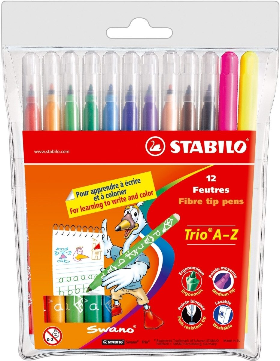 STABILO Filzstift Fasermaler mit Dreikant-Griffzone Trio A-Z 0,7 mm Etui mit 12 Farben