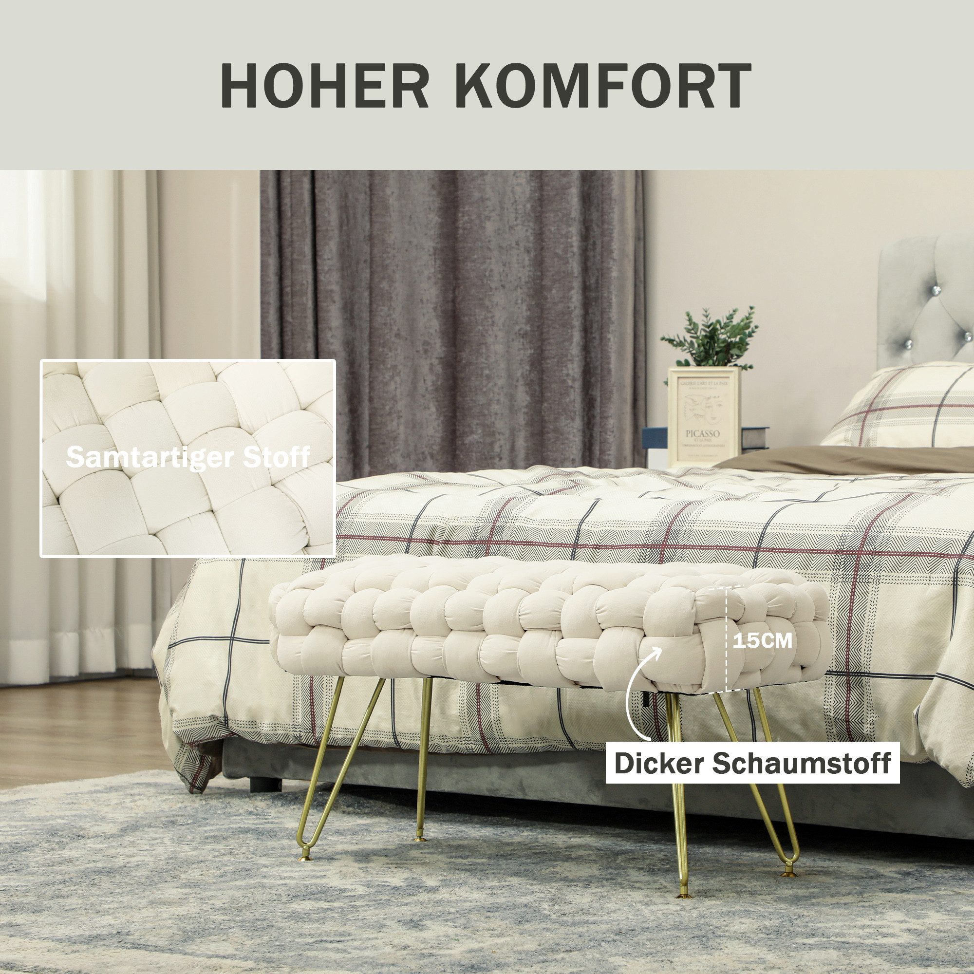 MODFU Polsterbank cremeweißer Sitzhocker mit Samtbezug, Metallgestell, Polsterung (Packung, 1-St., Kompakte & pflegeleichte Sitzgelegenheit für Flur, Ankleide), 76x38x41,5 cm, Vielseitig als Schminkhocker & Beistellsitz nutzbar