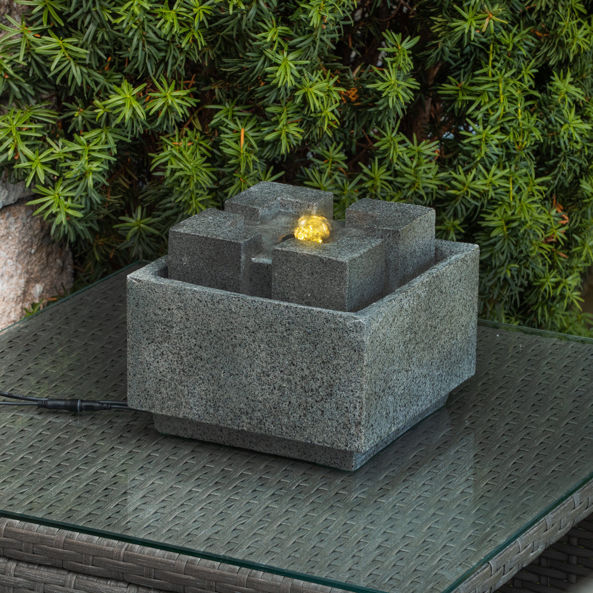 esotec Gartenbrunnen Solarbrunnen Modern Style 21x21x17cm LED+Akku+USB, 2 LED-Farben 101371, (Komplettset)