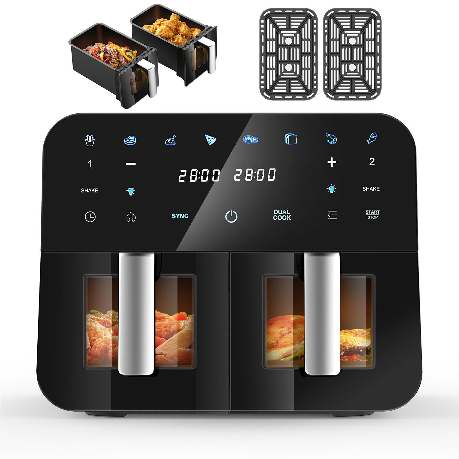 oyajia Heißluftfritteuse 9L Heißluftfritteuse RA930DSV XXL, 2 separat gesteuerte Garkammern, 2800,00 W, Touch Display, Sichtfenster, 8 Automatikprogramme/je 4,5 l pro Korb