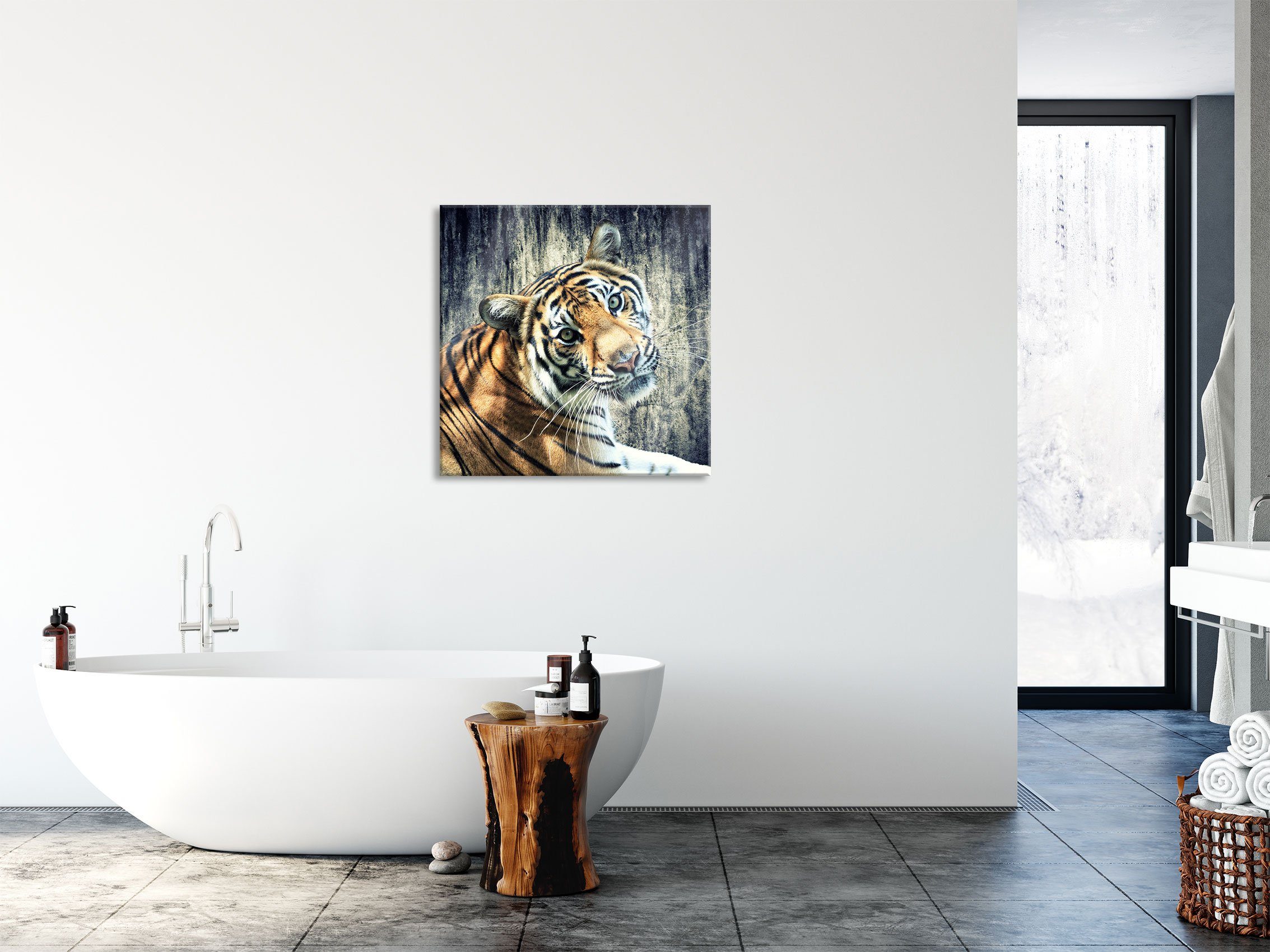 Abstandshalter Aufhängungen inkl. aus Tiger Tiger, Glasbild (1 Neugieriger Pixxprint St), Echtglas, und Neugieriger Glasbild