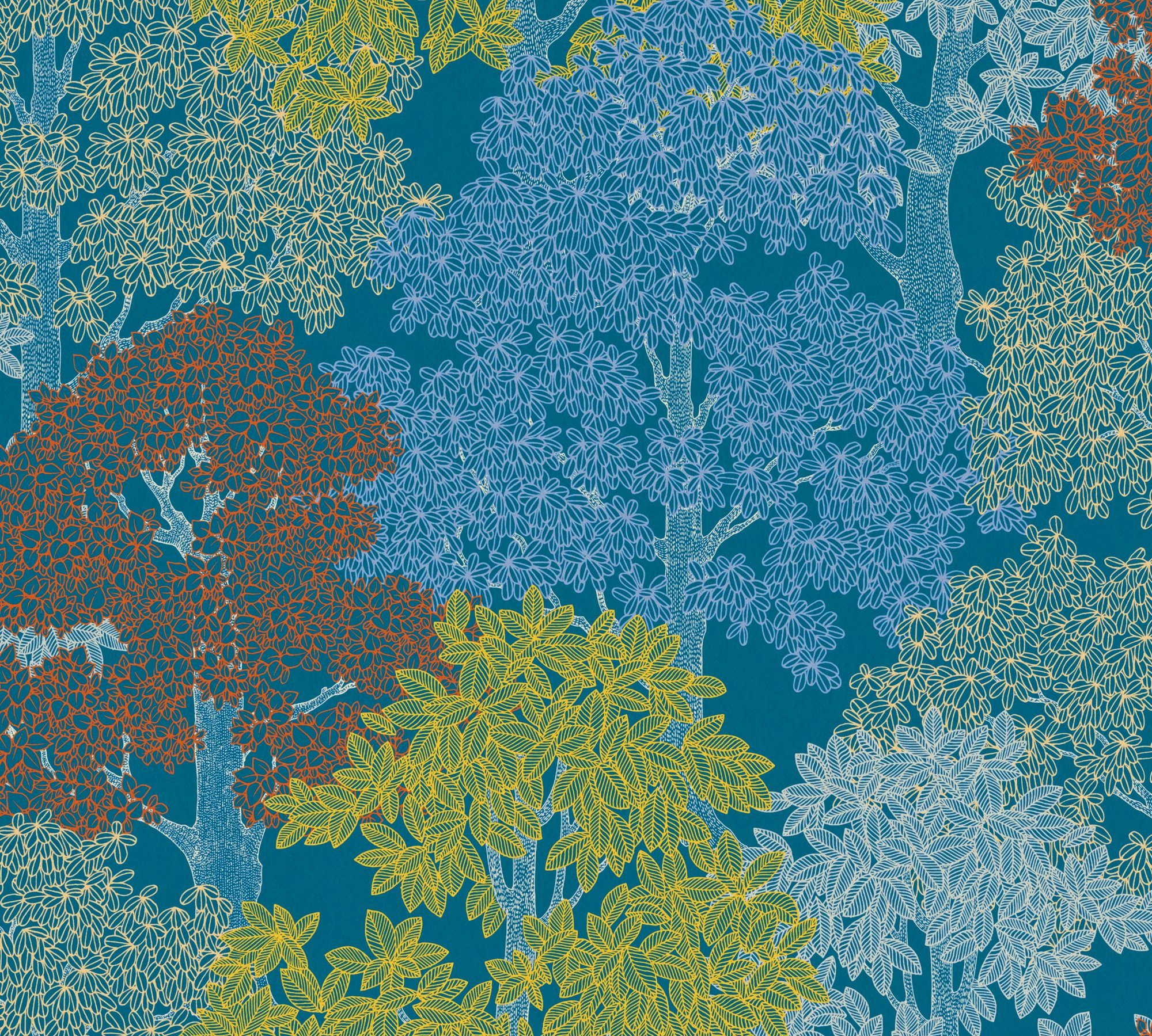 A.S. Création Architects Paper Vliestapete Floral Impression, glatt, Wald, botanisch, floral, Blumentapete Tapete Wald blau/gelb/rot