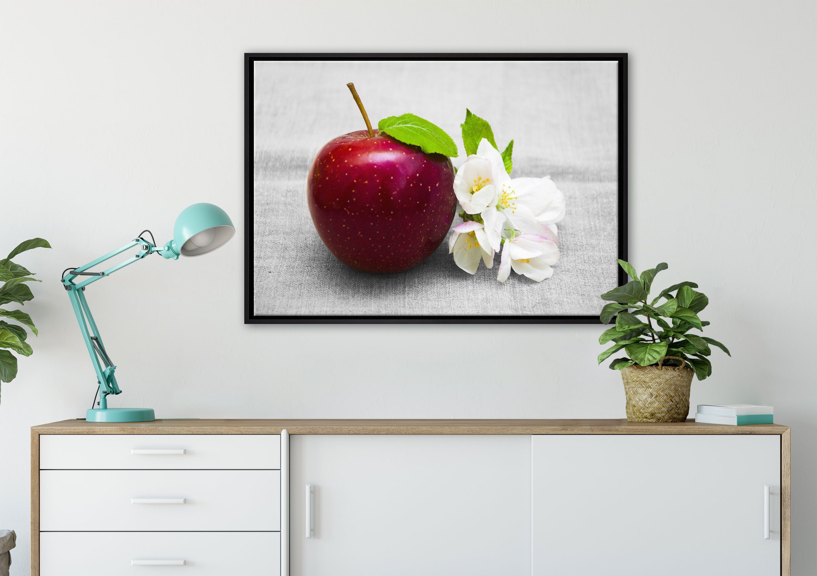bespannt, Schöner fertig gefasst, inkl. mit Zackenaufhänger Leinwandbild einem Schattenfugen-Bilderrahmen Apfel in Pixxprint (1 St), Blüten, Wanddekoration roter Leinwandbild