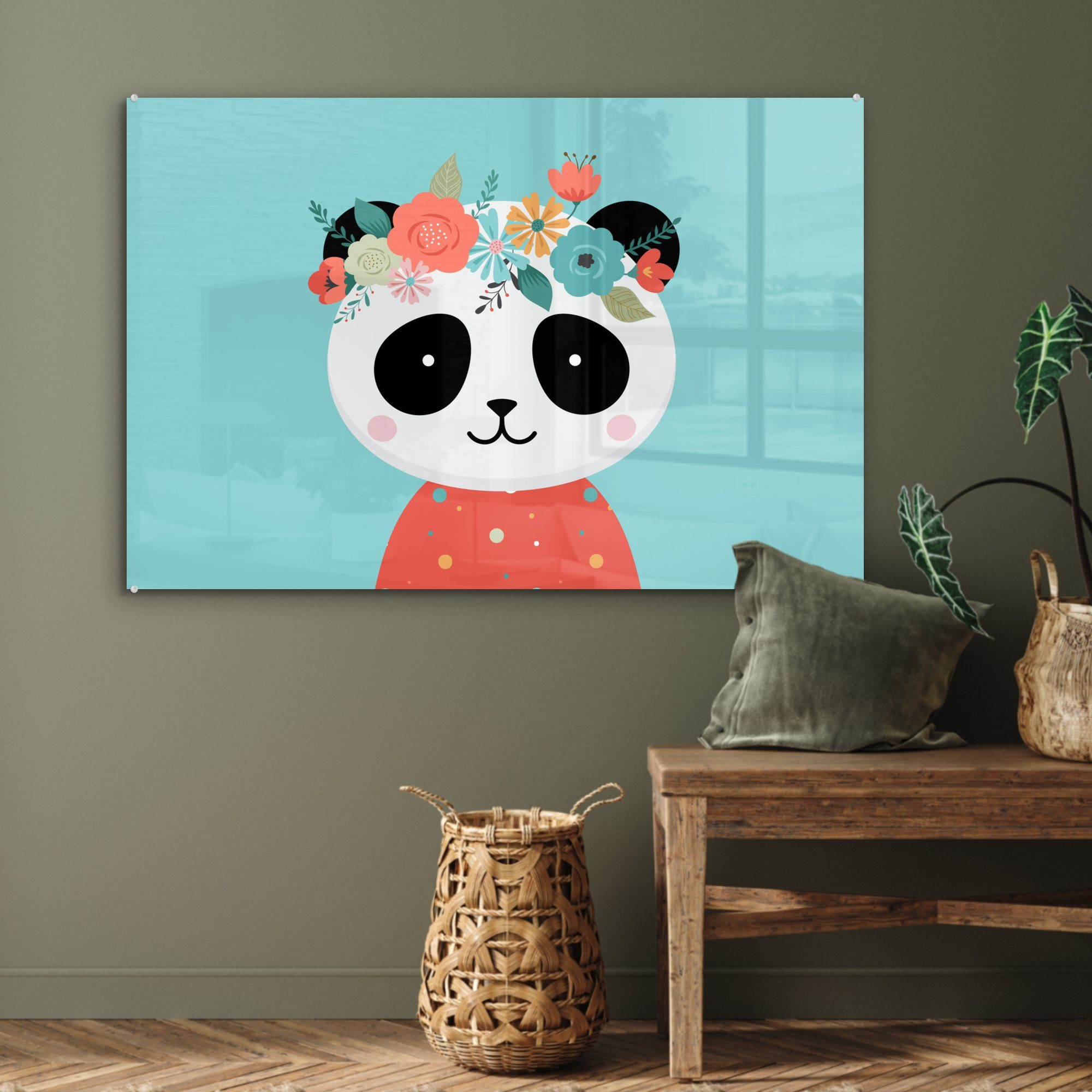 St), - Panda Blau, Schlafzimmer & (1 - Blumengirlande MuchoWow Acrylglasbild Wohnzimmer Acrylglasbilder