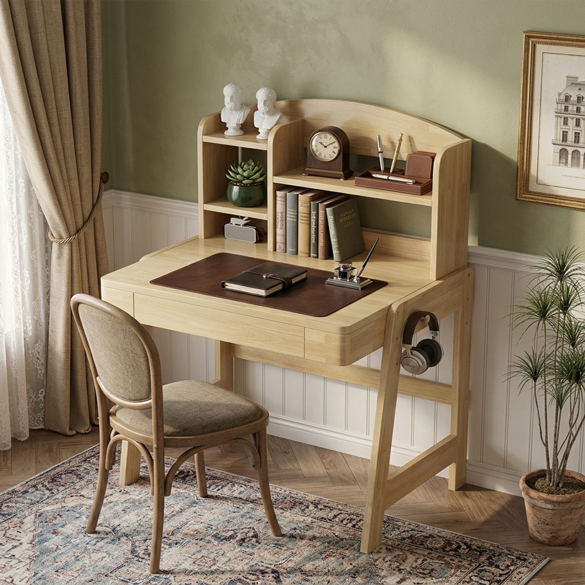 Flieks Kinderschreibtisch Höhenverstellbar, mit Schubladen & Bücherregal & Haken (B88/T60/H108-118 cm, 1-St., 1 Tsich), Multifunktionaler Schreibtisch aus Massivholz Naturfarben, ab 6 Jahren