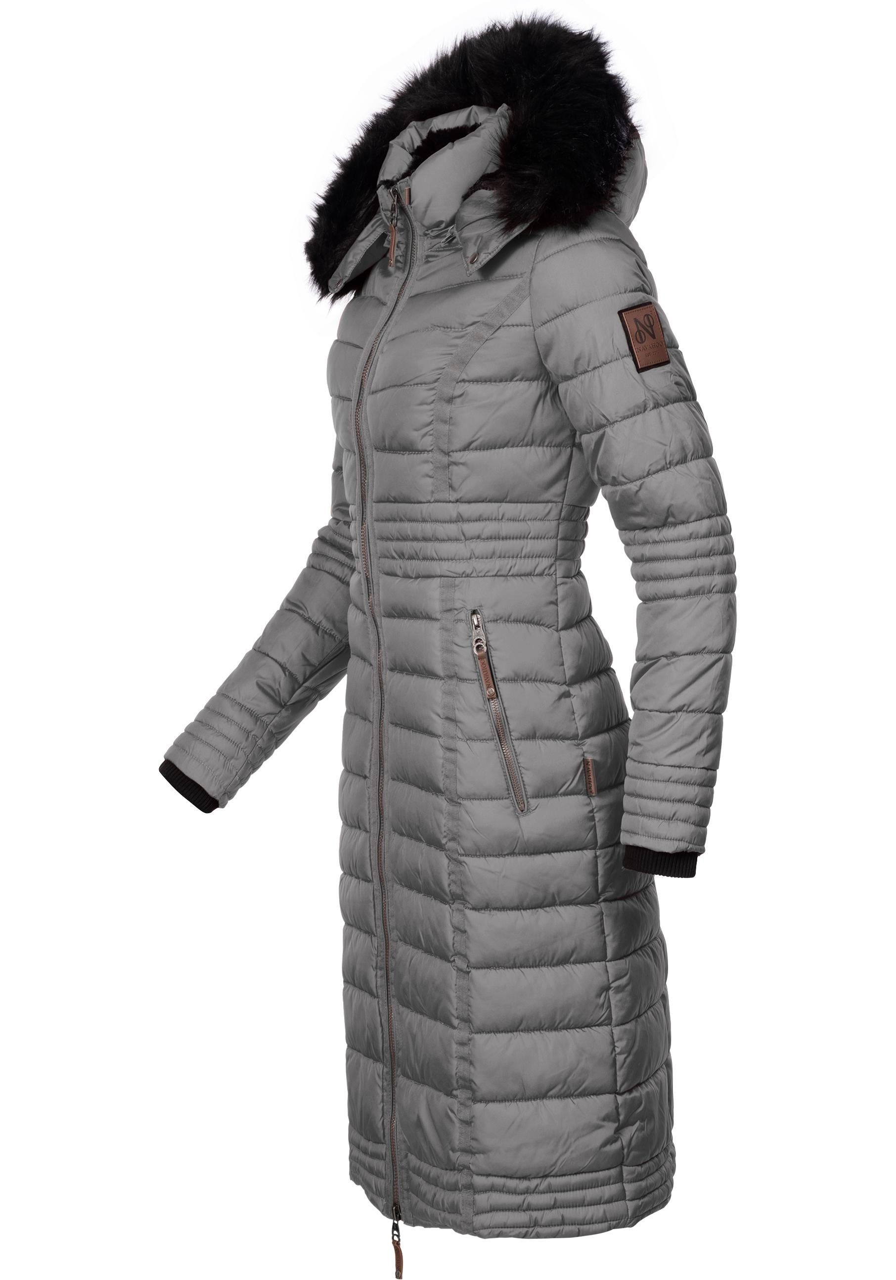 Navahoo Wintermantel Umay langer Damen Winter Steppmantel mit Kunstfellkapuze