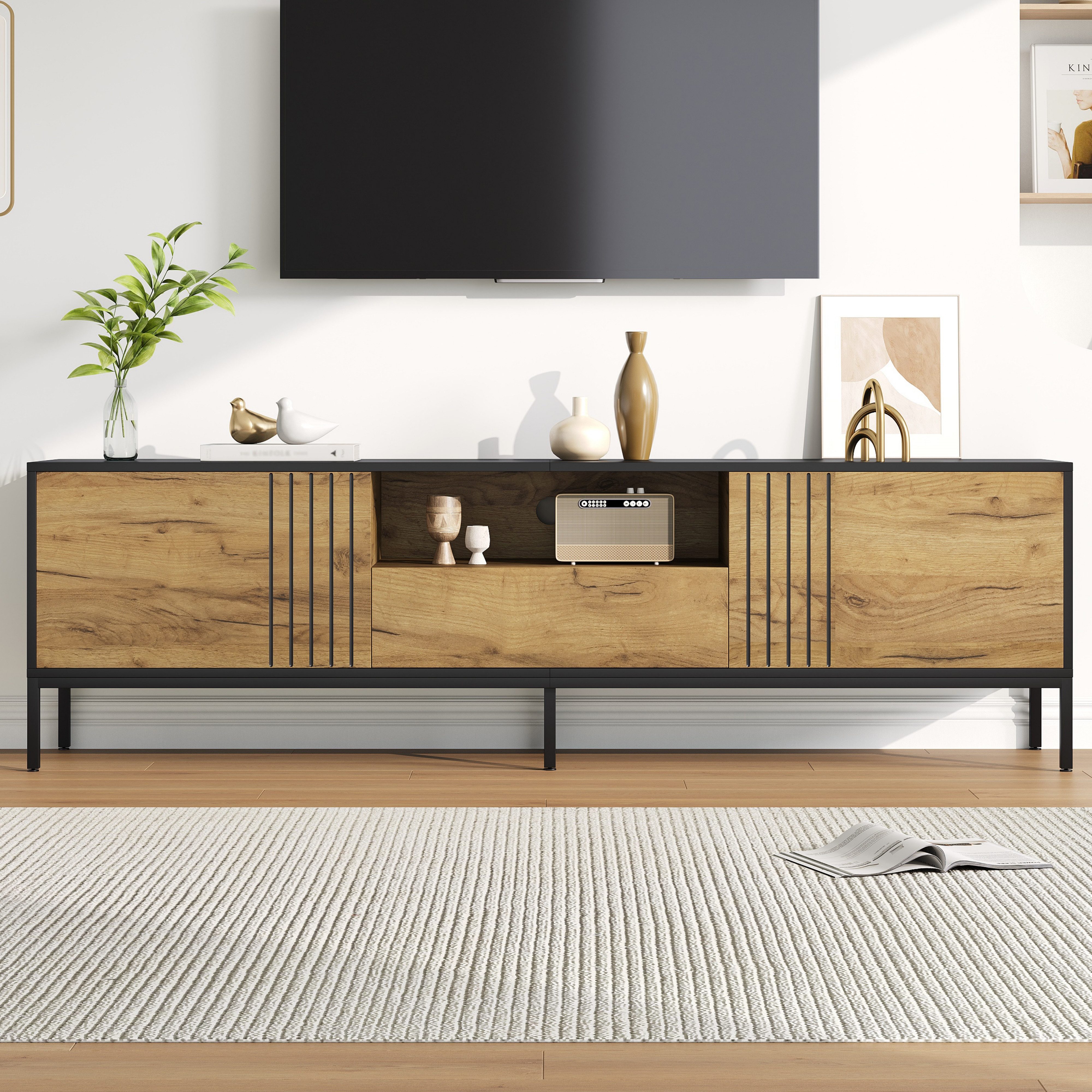 KLAM HOME Lowboard Eichenoptik TV Lowboard 170x35x50cm für Fernseher bis 70 Zoll (TV-Schrank mit 2 Schränken + 1 Schublade & offenen Fächern), Moderner Wohnzimmer TV-Ständer aus Spanplatte bis 45kg belastbar