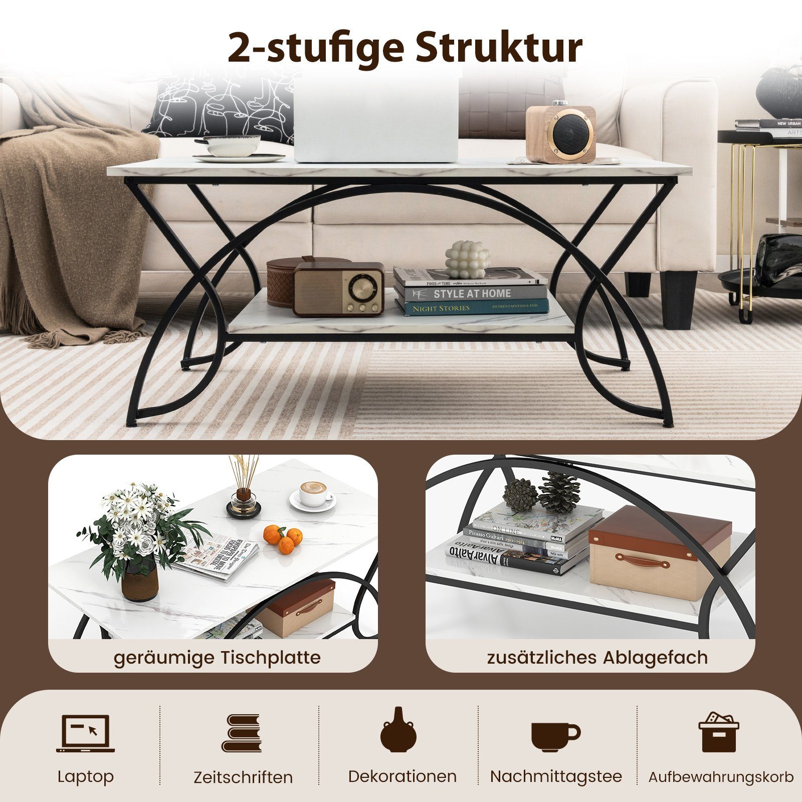 COSTWAY Couchtisch Marmor, mit Ablage & goldenem Metallbeinen, 100x50x45cm günstig online kaufen