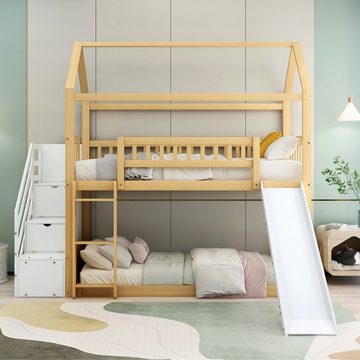 HAUSS SPLOE Kinderbett Hausbett Kinderbett Bettrahmen Holzbett (mit Treppe mit Handlauf und rechtwinkliger Leite), Treppe mit Stauraum, Hausbett mit Rutsche, Ohne Matratze