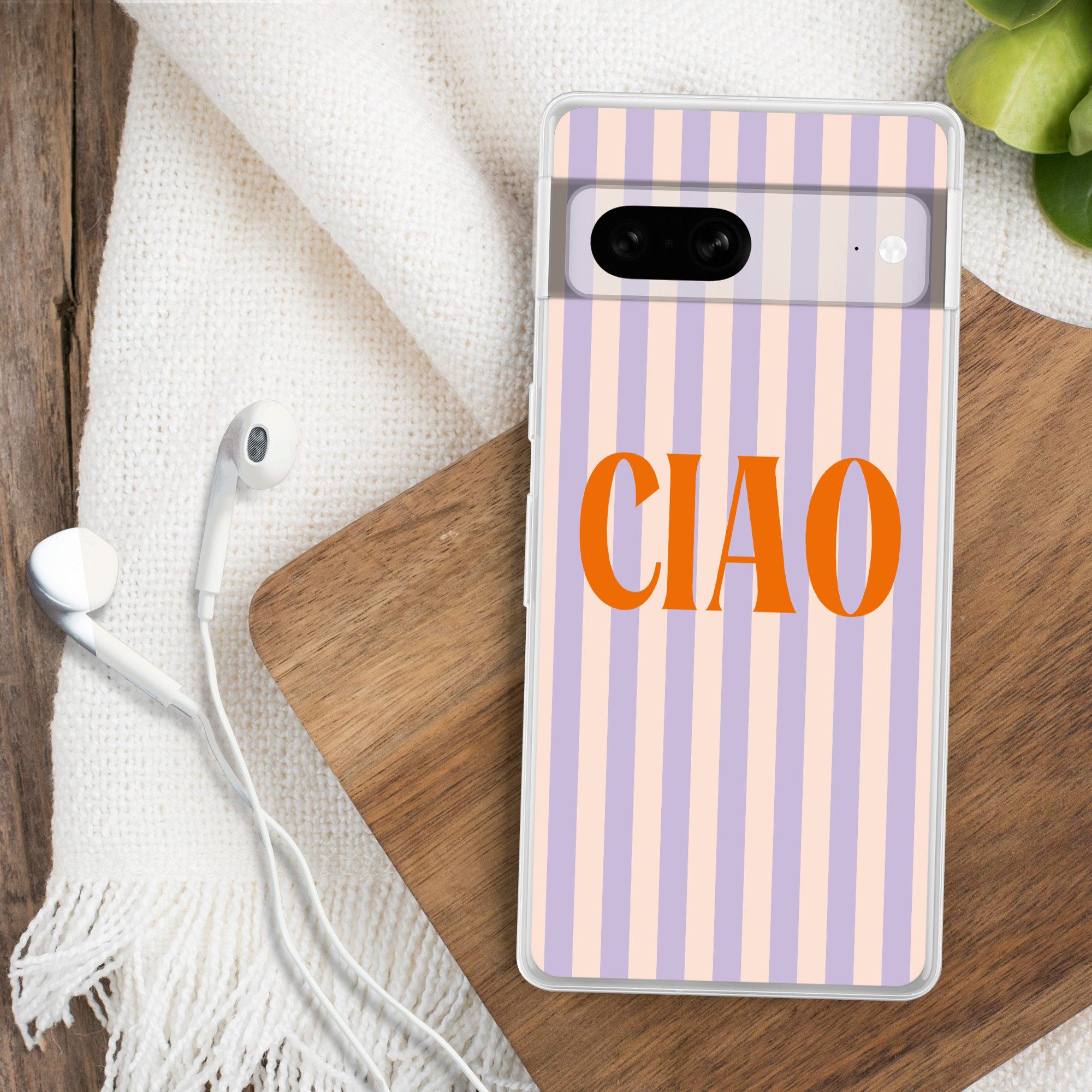 MuchoWow Handyhülle für Google Pixel 7 Ciao - Zitat - Pastell - Streifen, Phone Case, Silikon, Schutzhülle Dünn