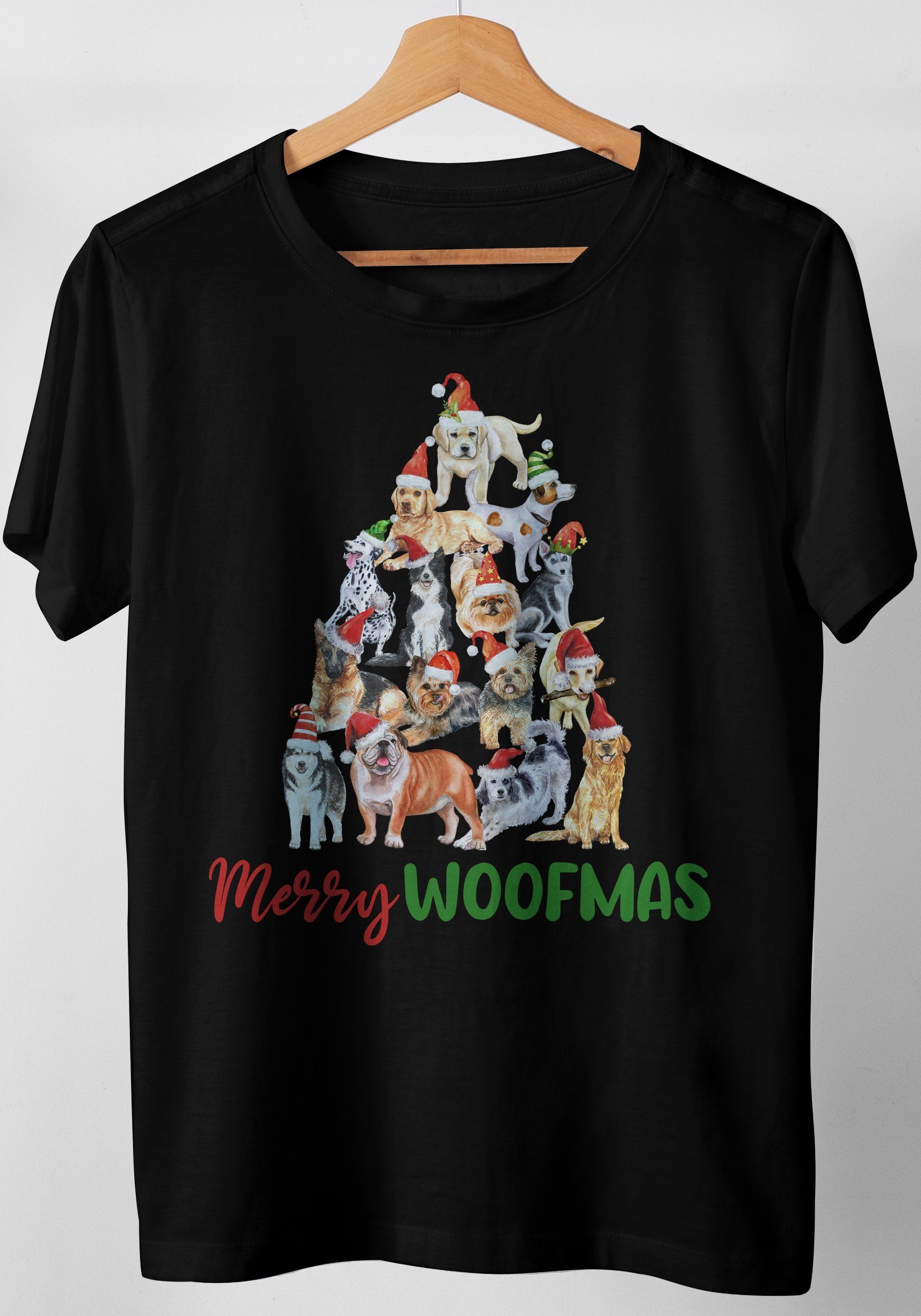 T-Shirt Weihnachten Design Merry Woofmas Hunde Christbaum Weihnachtsmützen