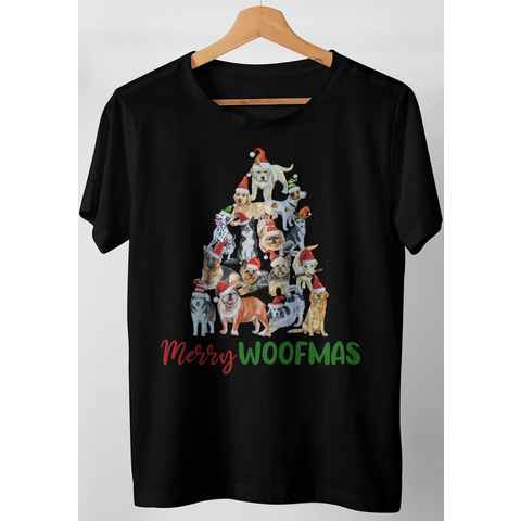 Art & Detail Shirt T-Shirt Weihnachten Design Merry Woofmas Hunde Christbaum Weihnachtsmützen Hund, Weihnachten