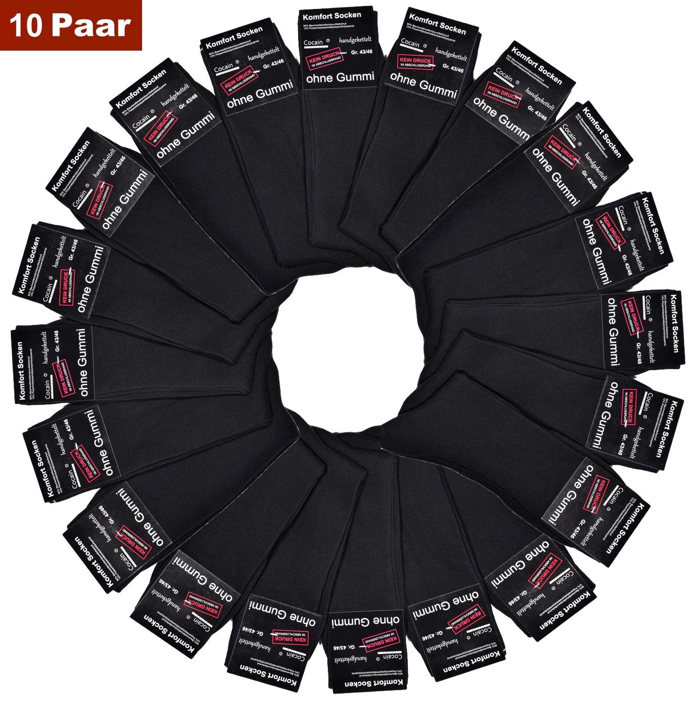 Cocain underwear Diabetikersocken 10 Paar Herren Damen Diabetiker Socken ohne Gummi schwarz Baumwolle (10-Paar) ohne drückende Naht mit handgekettelte Spitze