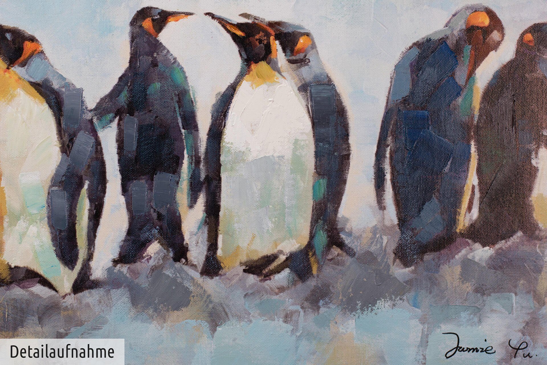 KUNSTLOFT Gemälde Kreis 120x60 der Leinwandbild cm, Pinguine Wandbild 100% HANDGEMALT Wohnzimmer