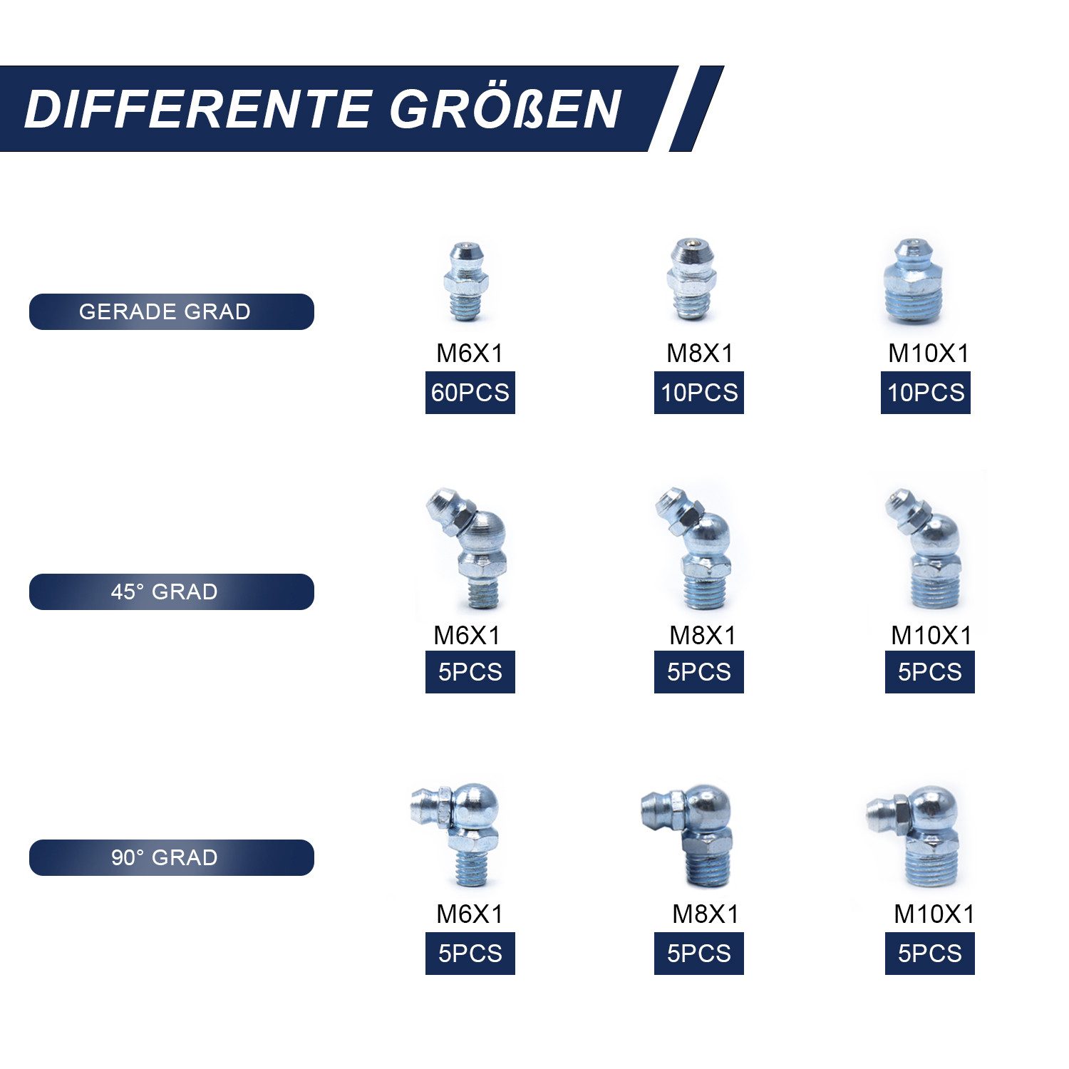 CCLIFE Werkstatt-Set Schmiernippel Sortiment M6 M8 M10 110tlg 45°90° Kegelschmiernippel, (110-tlg) – Bild 3 von 4