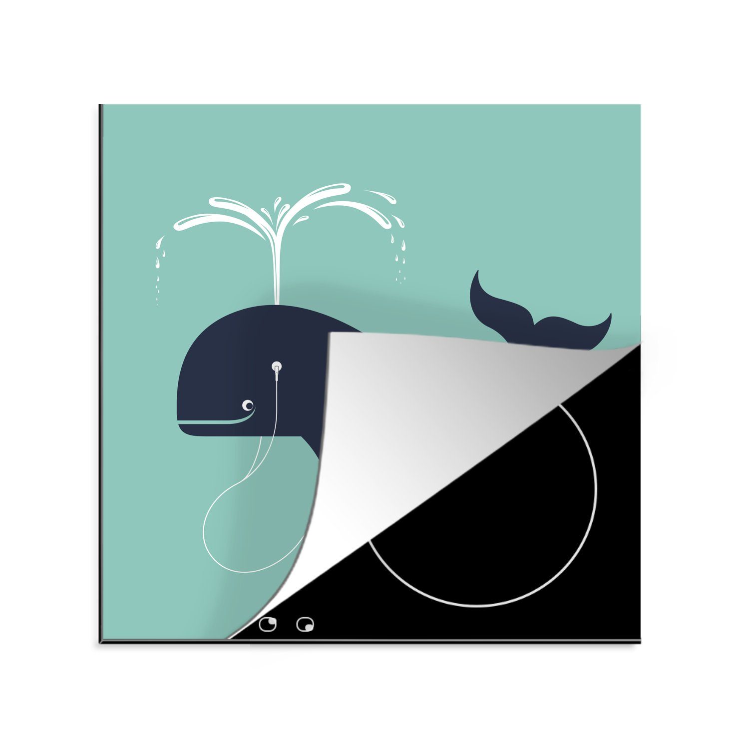 MuchoWow Herdblende-/Abdeckplatte Eine Illustration eines Wals, der Musik genießt, Vinyl, (1 tlg), 78x78 cm, Ceranfeldabdeckung, Arbeitsplatte für küche