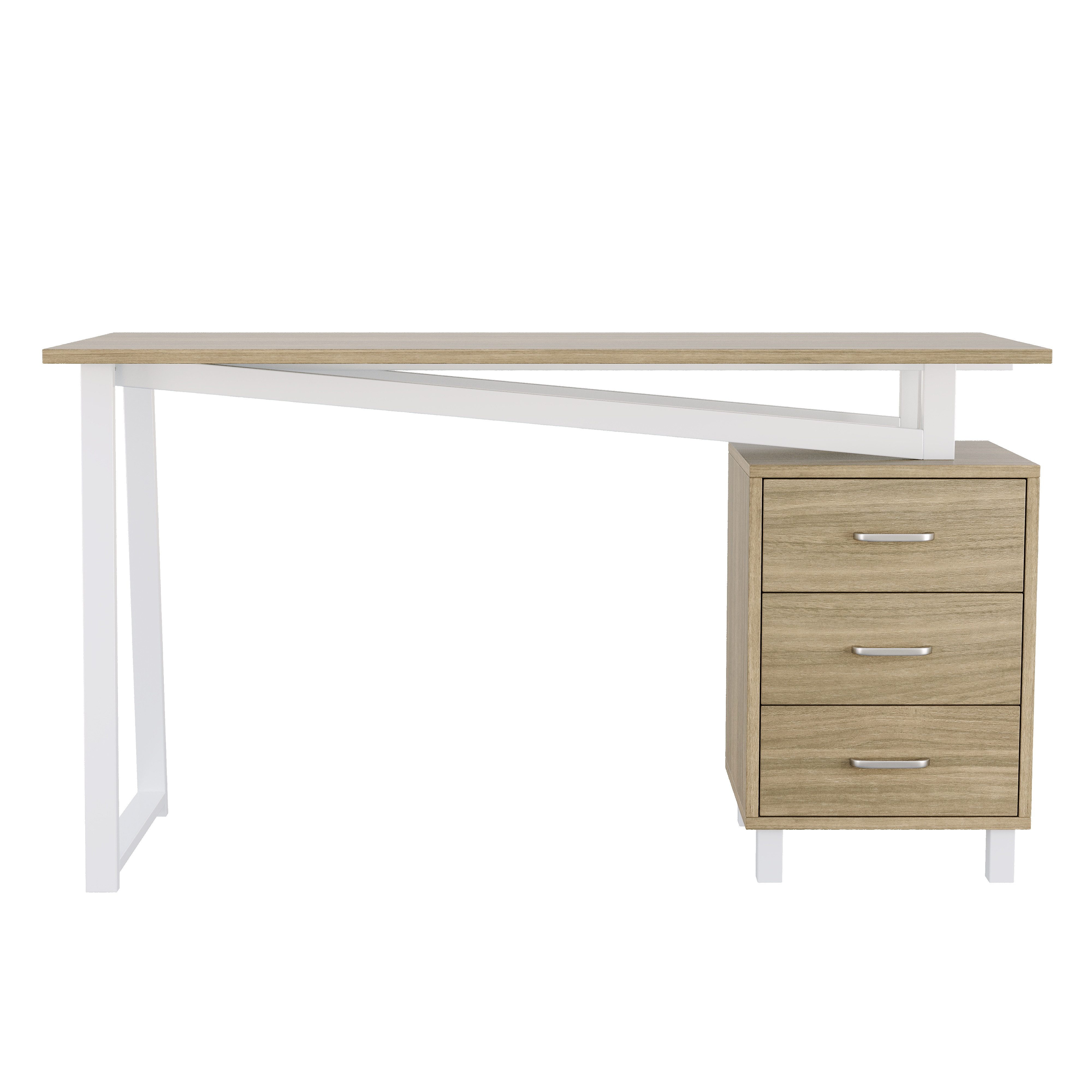 Flieks Schreibtisch rechteckiger Computertisch mit 3 Schubladekommode Holzoptik (Tisch aus MDF in Natur & weiße Stahlgestell, 1-St., 130x55x75 cm), Arbeitstisch Gaming-Schreibtisch Bürotisch mit Stauraum