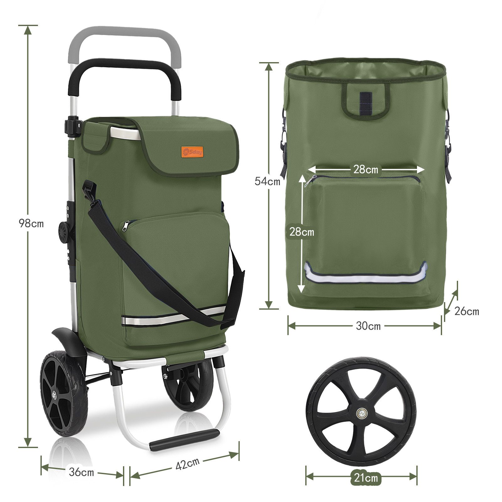 Sekey Einkaufstrolley 3-in-1 mit Kühlfach und Spanngurt, Faltbarer Einkaufswagen 42L & 35kg, 42 l, 3-in-1 Trolley, Sackkarre & Umhängetasche, Ideal für Einkäufe