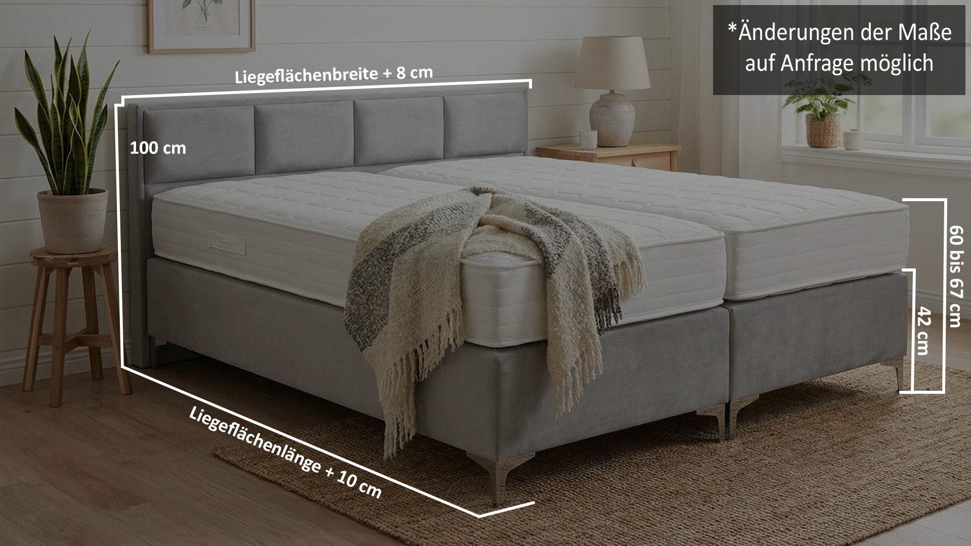 PAARA Boxspringbett mit niedrigem Kopfteil mit Matratze mit integrierten Topper, mit innovativem Belüftungssystem