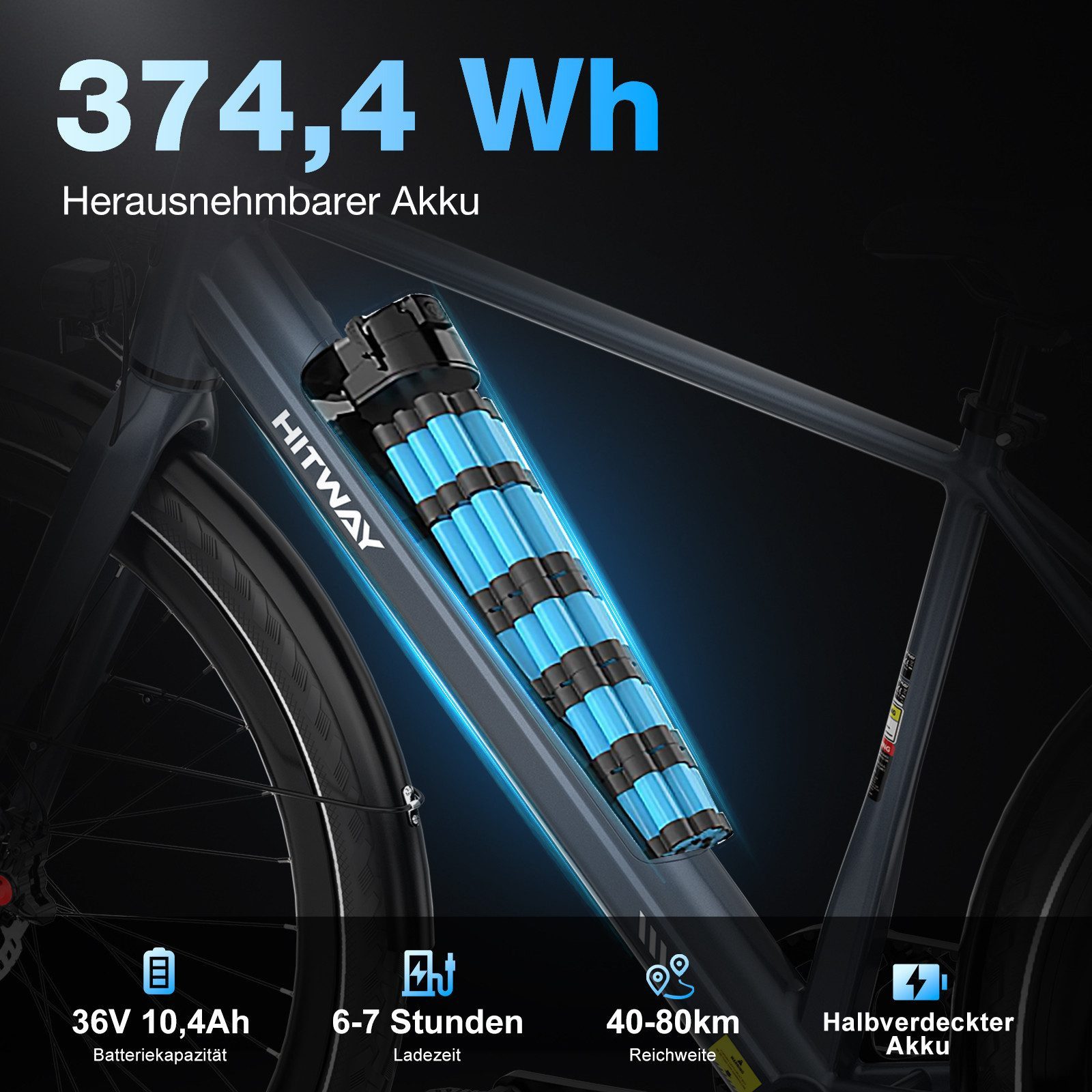 HITWAY E-Bike Cityrad 700C Elektrofahrrad,36V 10.4Ah Akku, Bis zu 80 km Reichweite, 1 Gang, Kettenschaltung, Heckmotor, 374,4 Wh, E-Rennrad, StVZO Citybike für Damen und Herren mit GPS APP