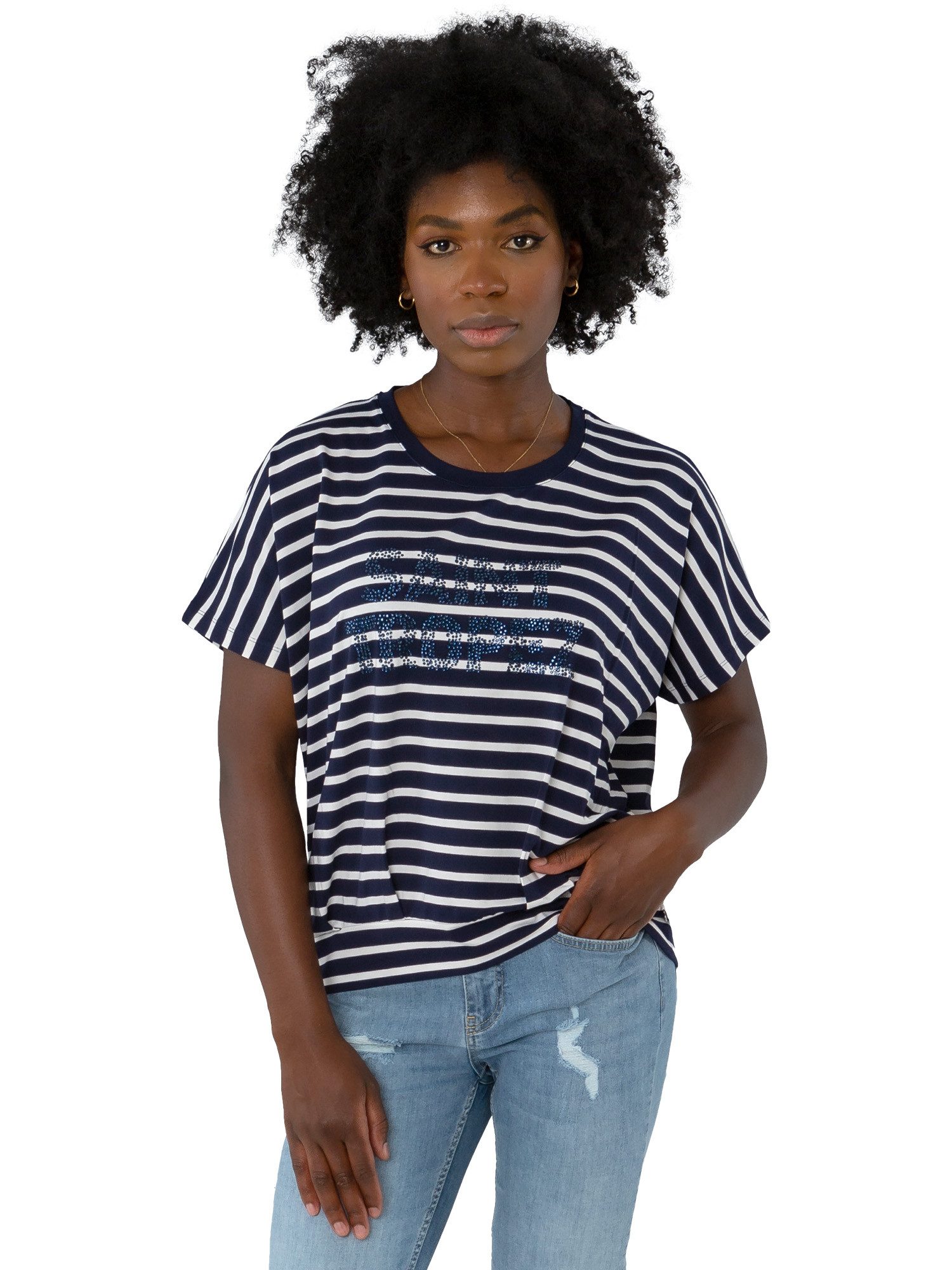 Rundhalsshirt G30-1206, "Saint Tropez" mit Streifen und Strasssteinen