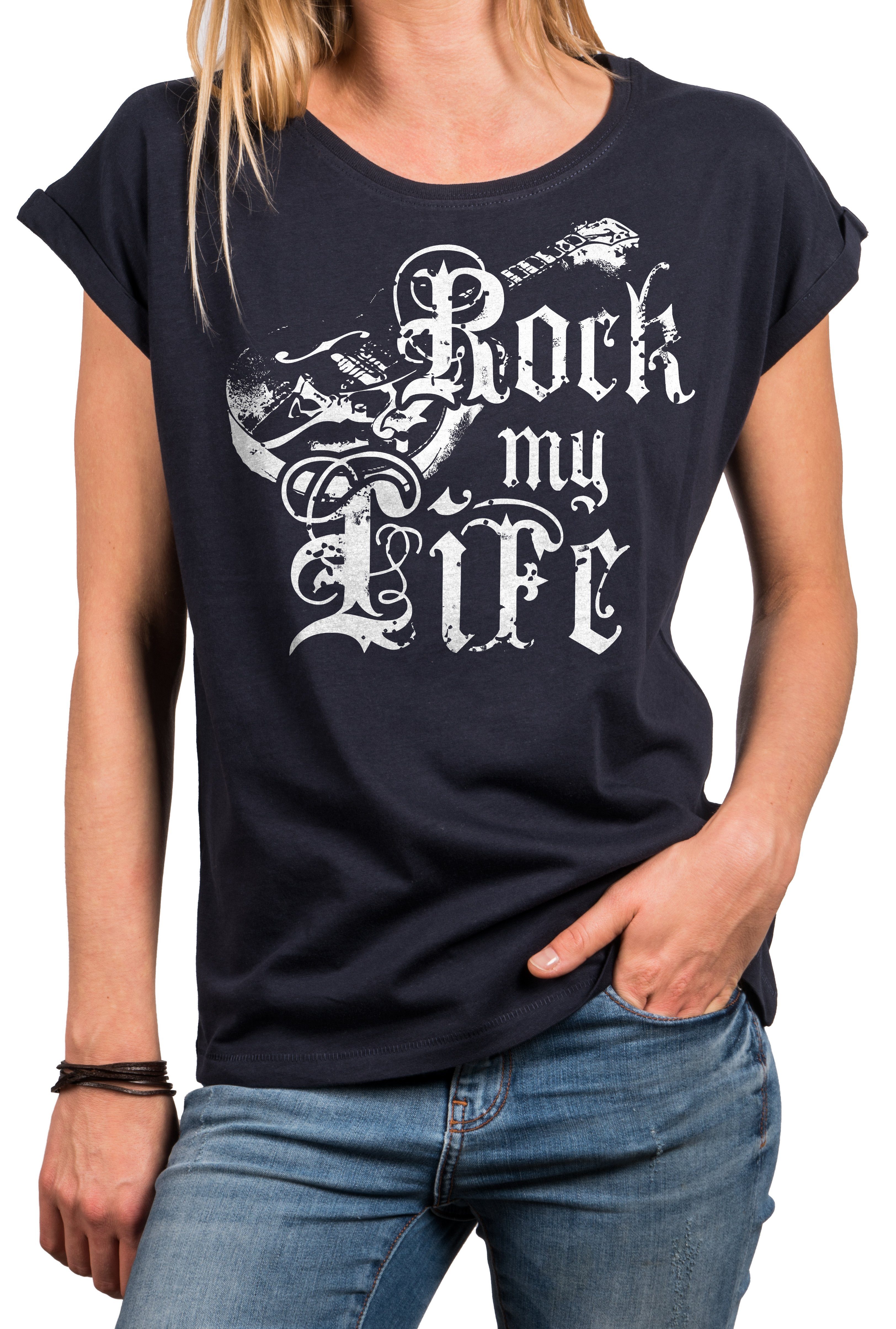 MAKAYA Print-Shirt Ausgefallene T-Shirts Damen lässige Oberteile Top Gitarrenmotiv Tunika (Rock Band Motiv, schwarz, grau, rosa, blau) große Größen