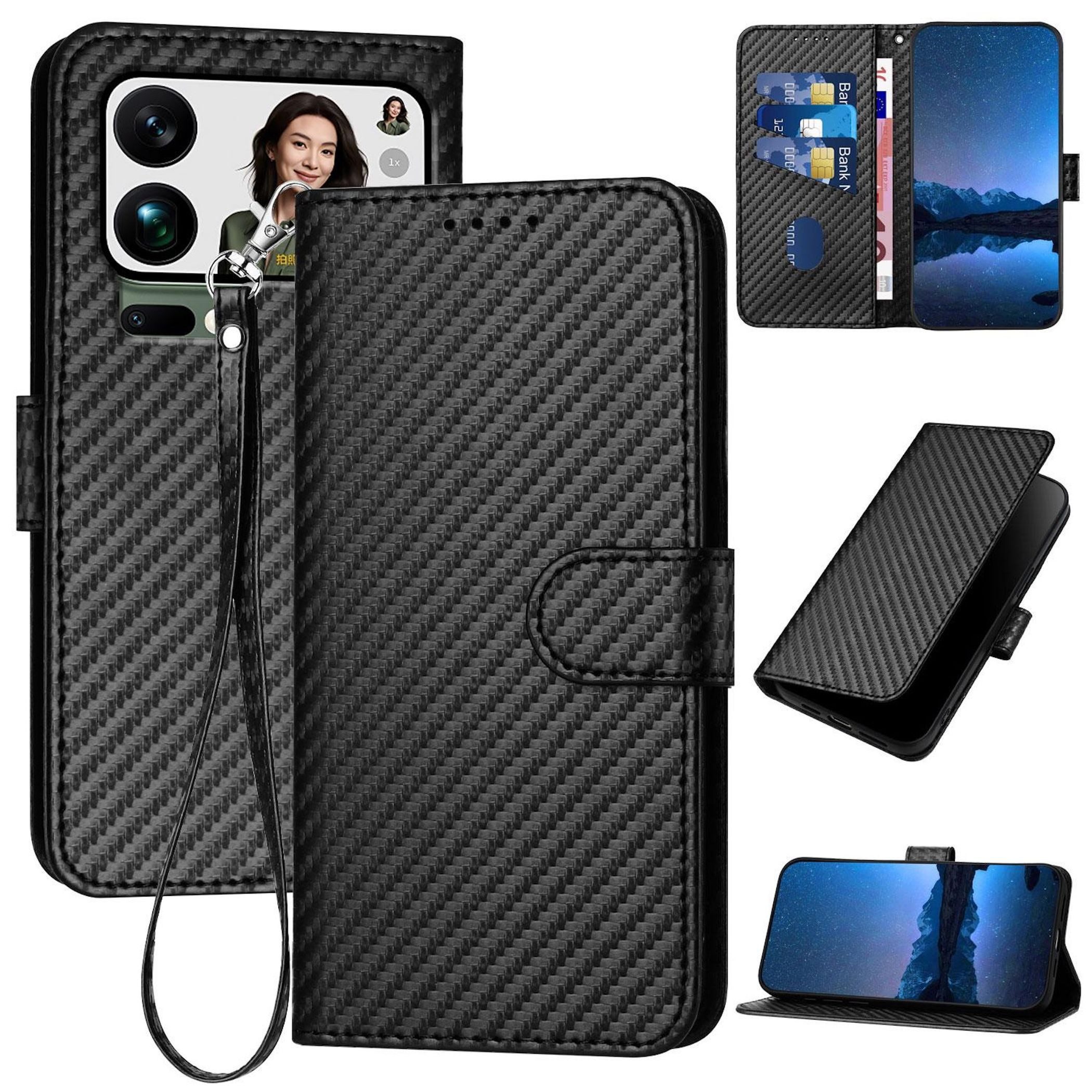 Wigento Handyhülle Für Xiaomi 17 Pro Max Carbon Design Kunstleder Schutz Hülle Schwarz, Carbon-Optik Hülle mit Kartenfach und Standfunktion