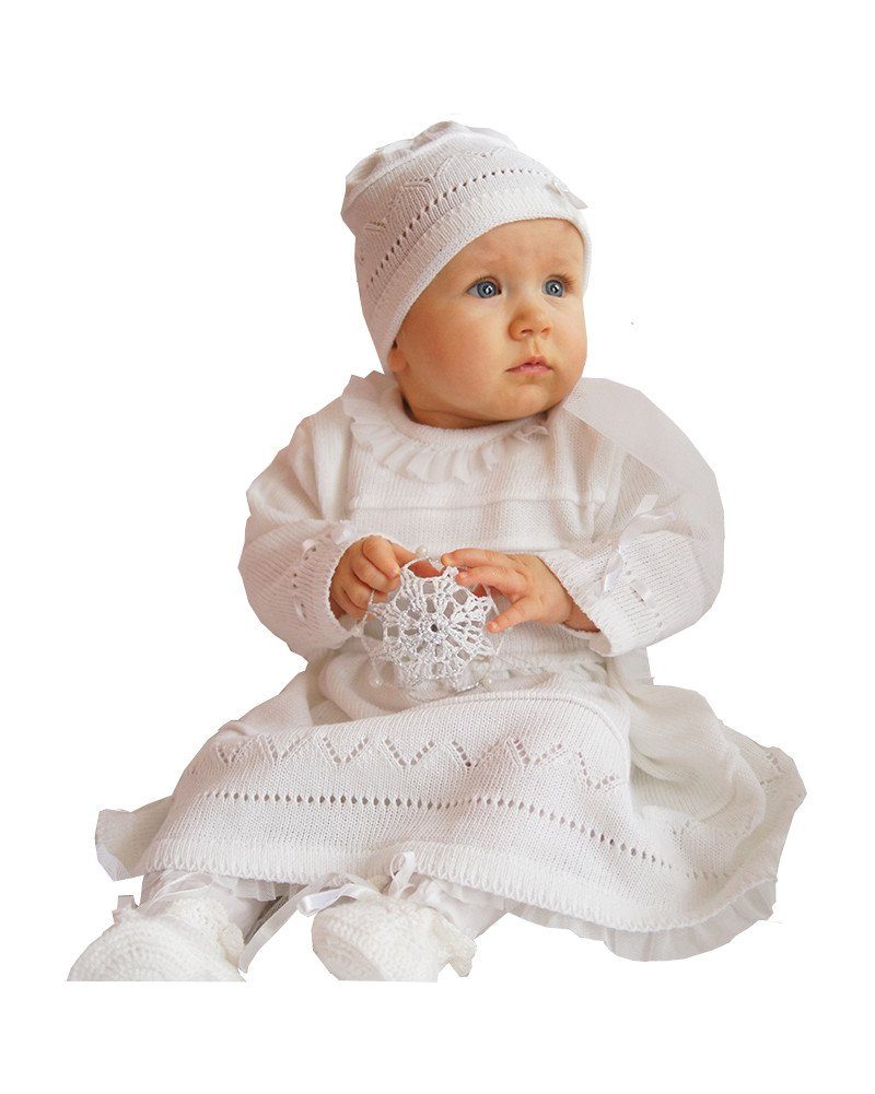 Eko Taufkleid Taufkleid Strick-Set Mütze und Kleid weiß | Taufkleider