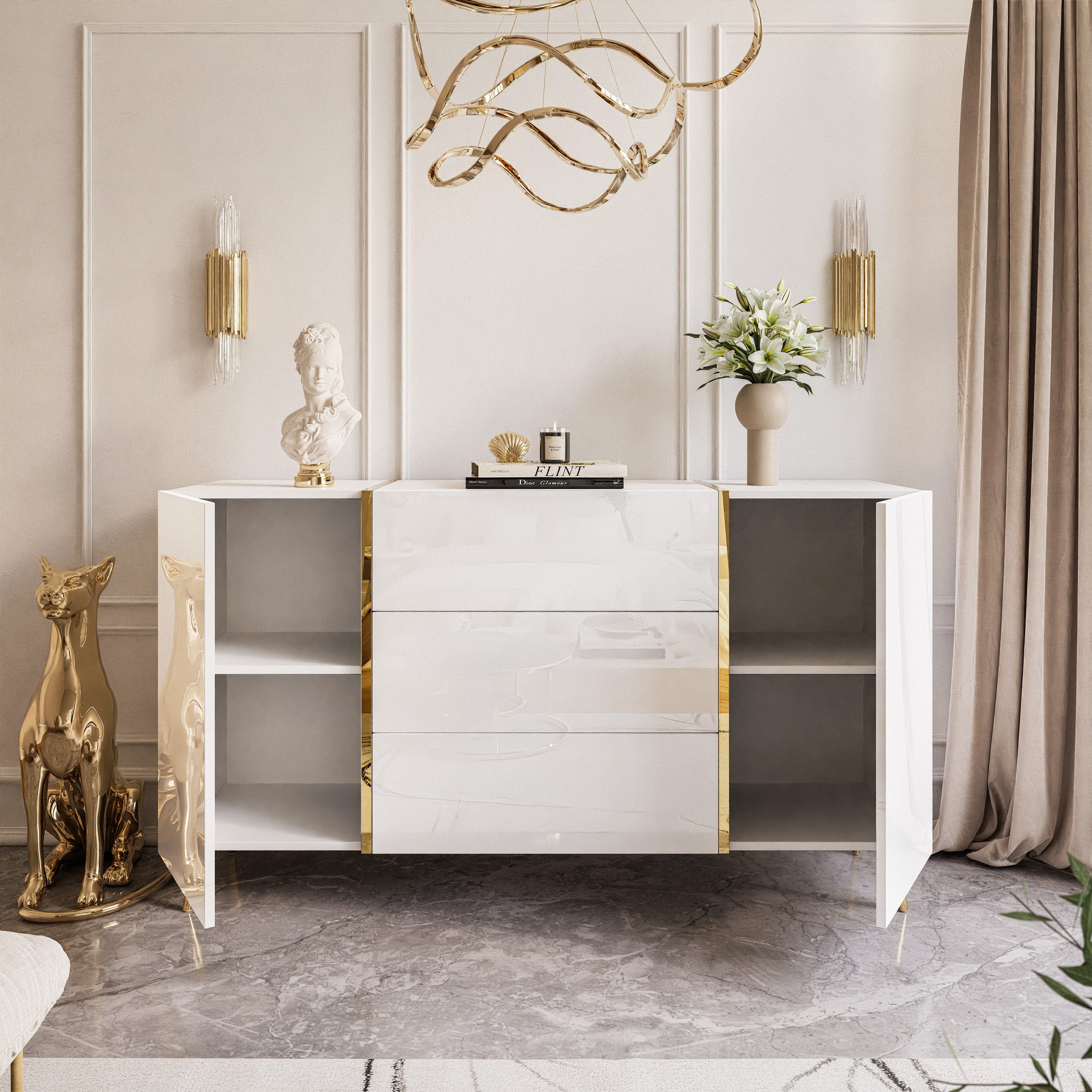 Lookway Kommode ONYX goldene Beine Hochglanz Push-Open / Goldgriffe 158 cm