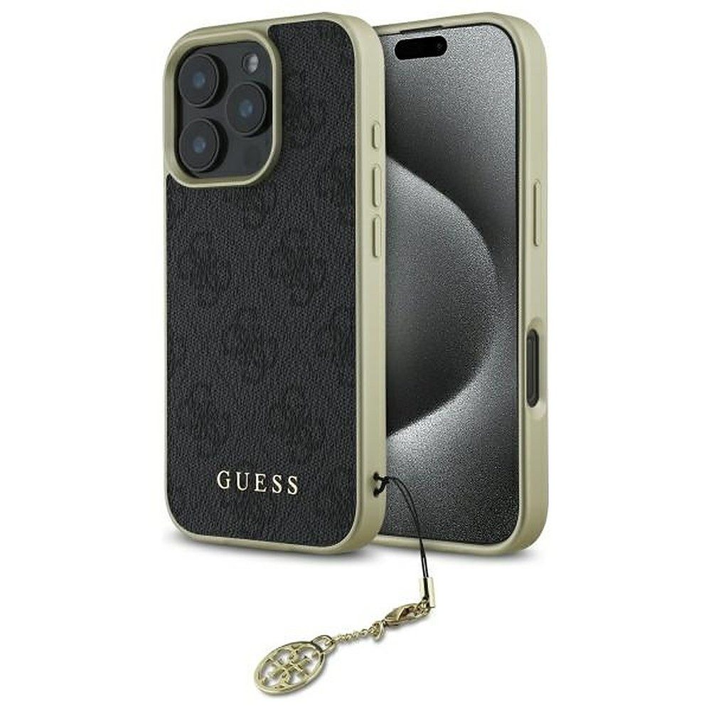 Guess Handyhülle Schutzhülle Anhänger, Goldfarbener Charm-Anhänger, 4G-Musterdruck, Kunstleder-Optik