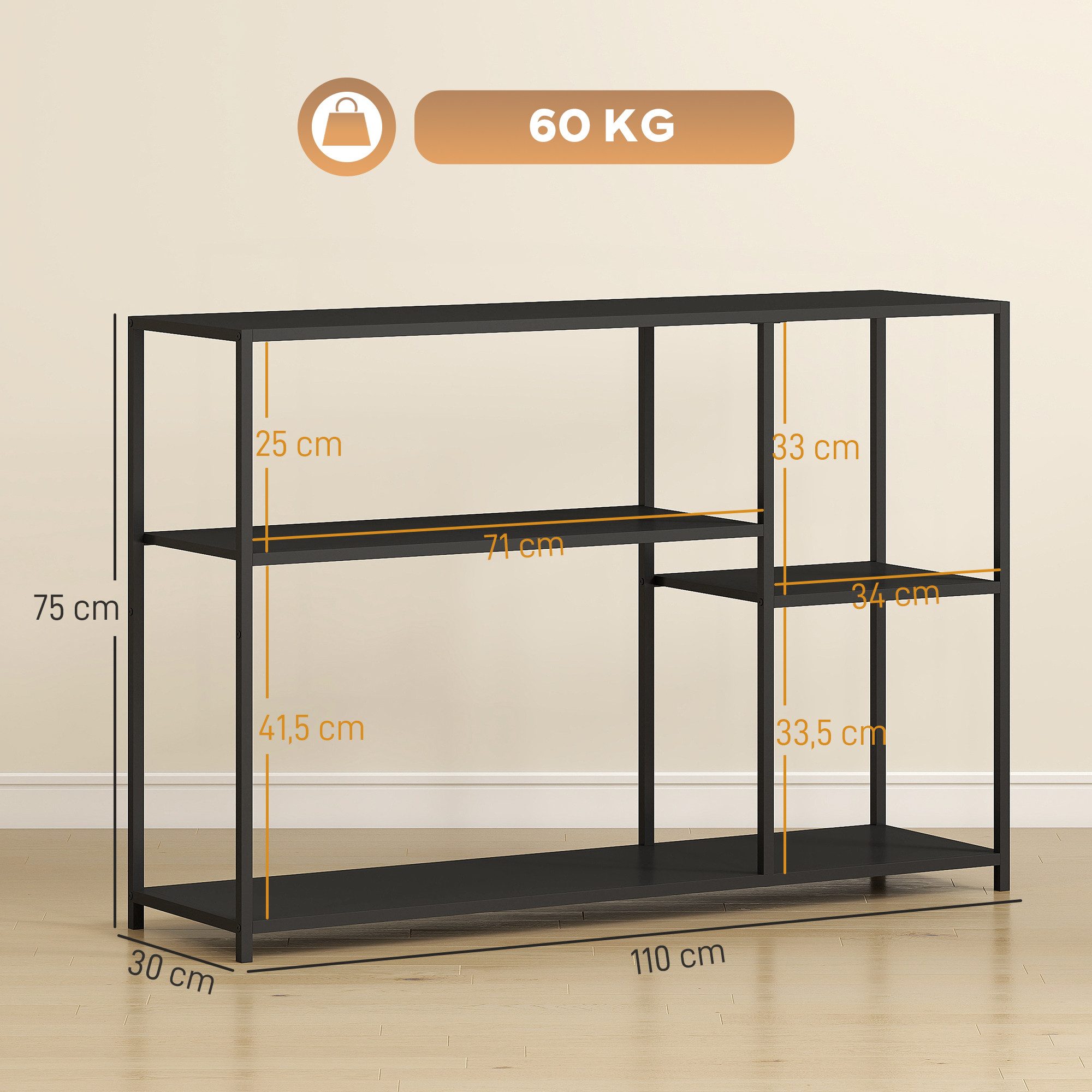HOMCOM Konsolentisch Schmaler Sofatisch mit 4 Ebenen (mit Stahlrahmen, 1-St., für Flur, Eingangsbereich, Wohnzimmer), 110 x 30 x 75 cm, Schwarz