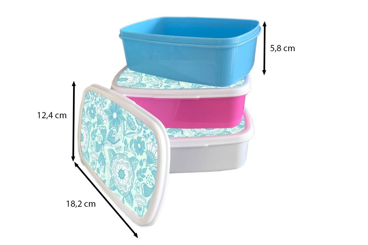 MuchoWow Lunchbox Blumen - Blau Kunststoff für Kunststoff, Weiß - Brotbox (2-tlg), Mädchen, Erwachsene, Kinder, Muster, Snackbox, Brotdose - rosa