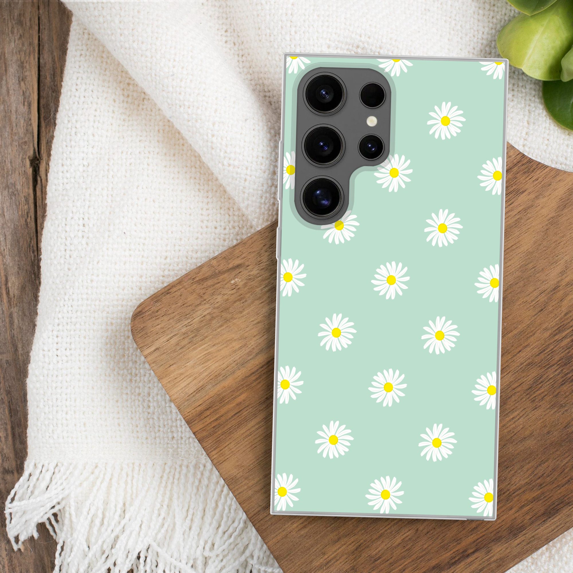 MuchoWow Handyhülle für Samsung Galaxy S24 Ultra Gänseblümchen - Pastell - Weiß - Grün - F, Phone Case, Silikon, Schutzhülle Dünn
