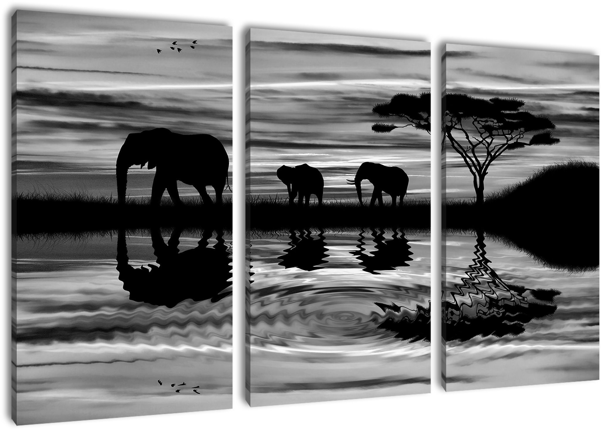 in inkl. Leinwandbild bespannt, Afrika Afrika (1 Sonnenschein Leinwandbild St), (120x80cm) fertig Elefant Sonnenschein, in Zackenaufhänger 3Teiler Elefant Pixxprint