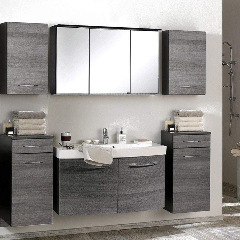 Lomadox Badmöbel-Set FLORIDO-03, (Spar-Set, 6-St), Badmöbel Set Eiche Rauchsilber graphitgrau 6-teilig : 210x200x47 cm