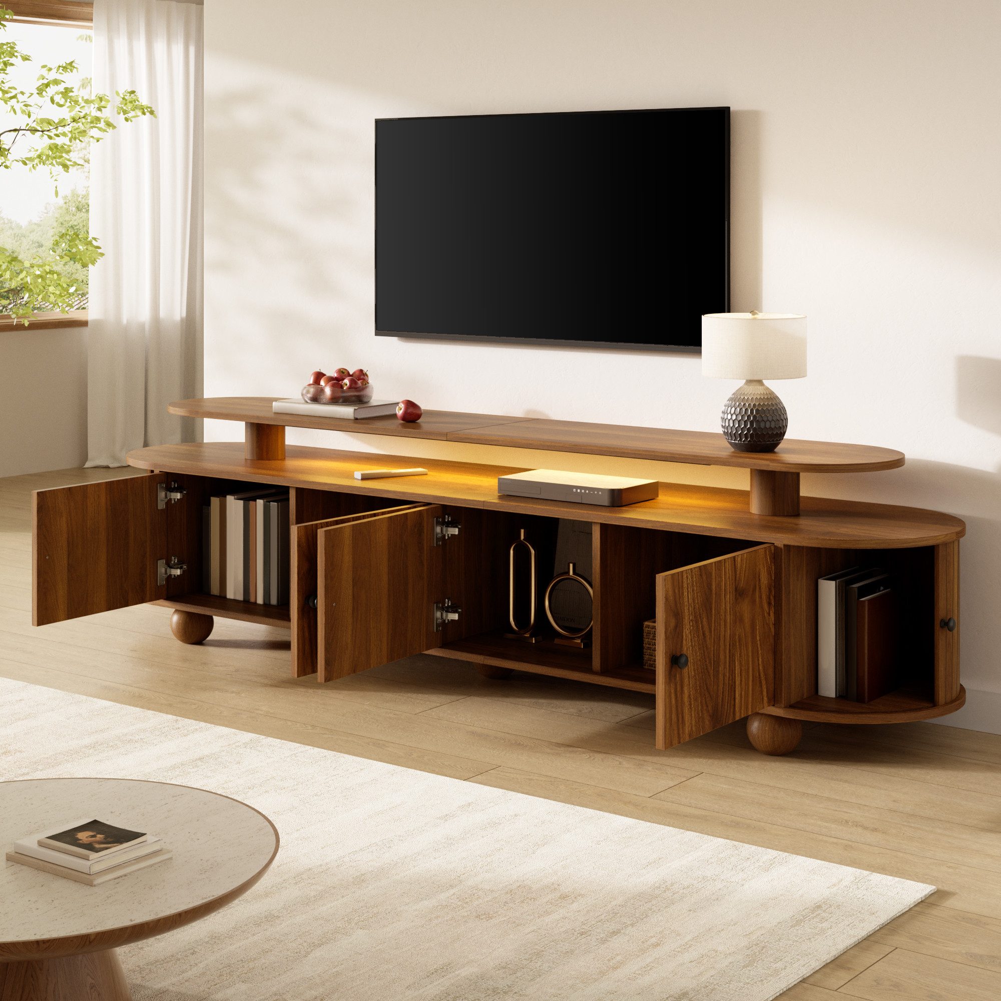 BlingBin TV-Schrank Lowboard TV Ständer mit Stauraum und LED,Walnussfarben,180x40 cm (1 Packung, 1-St., 4 Scharniertür,2 seitlichen Schiebetüren,Kabeldurchlässe,Metallgriffen) Fernsehschrank Modern Retro,für Wohnzimmer Schlafzimmer