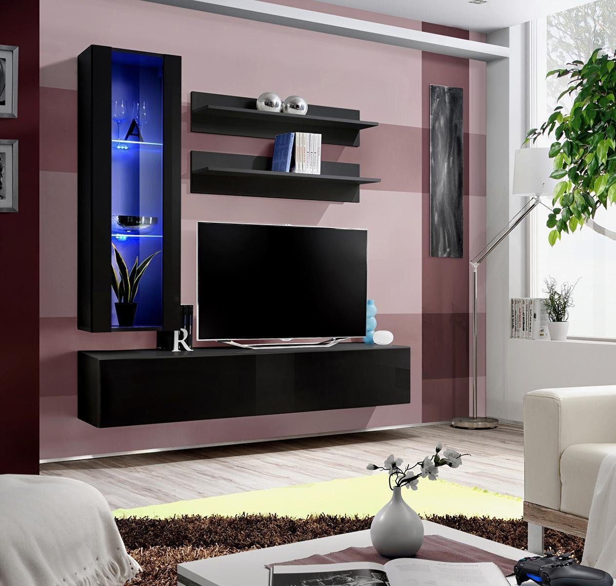 JVmoebel Wohnzimmer-Set Luxus tv Ständer rtv sideboard Moderne Wohnzimmer Wohnwand Holzmöbel, (5-St., 1x Wohnwand + 1x TV Ständer + 1x Hänge Vitrine + 2x Wandregale), Made in Europa